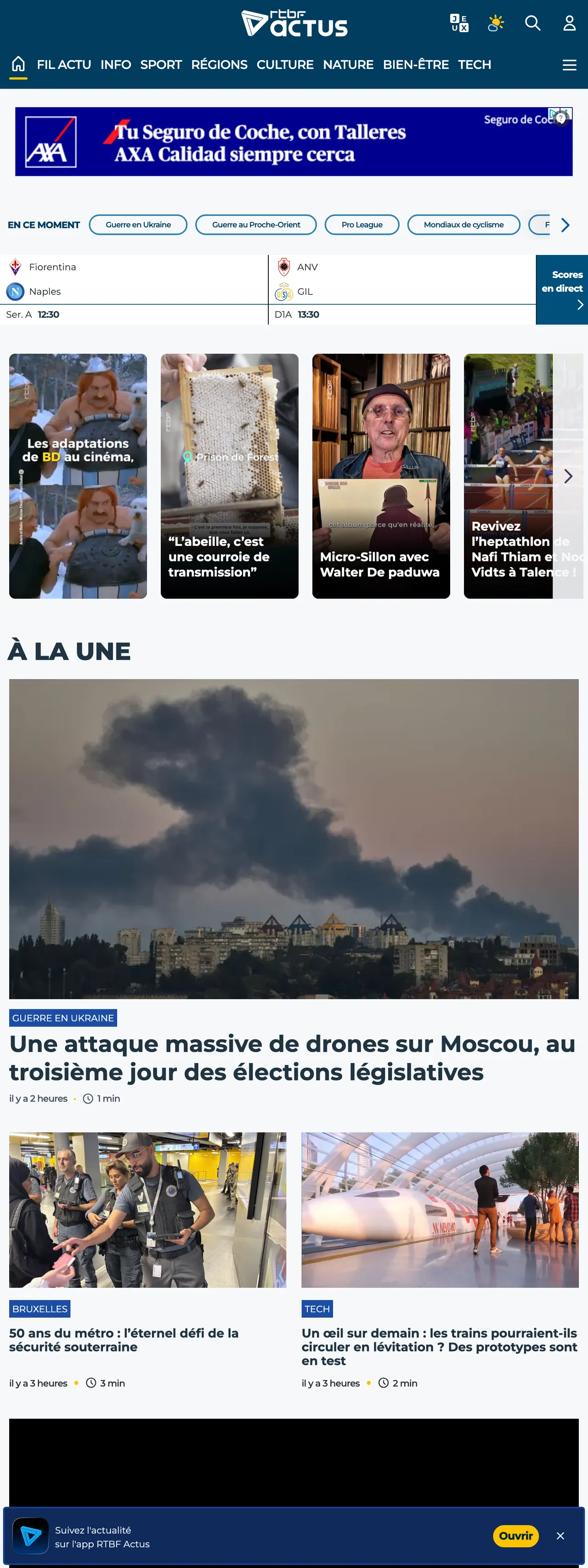 Screenshot of the RTBF front page