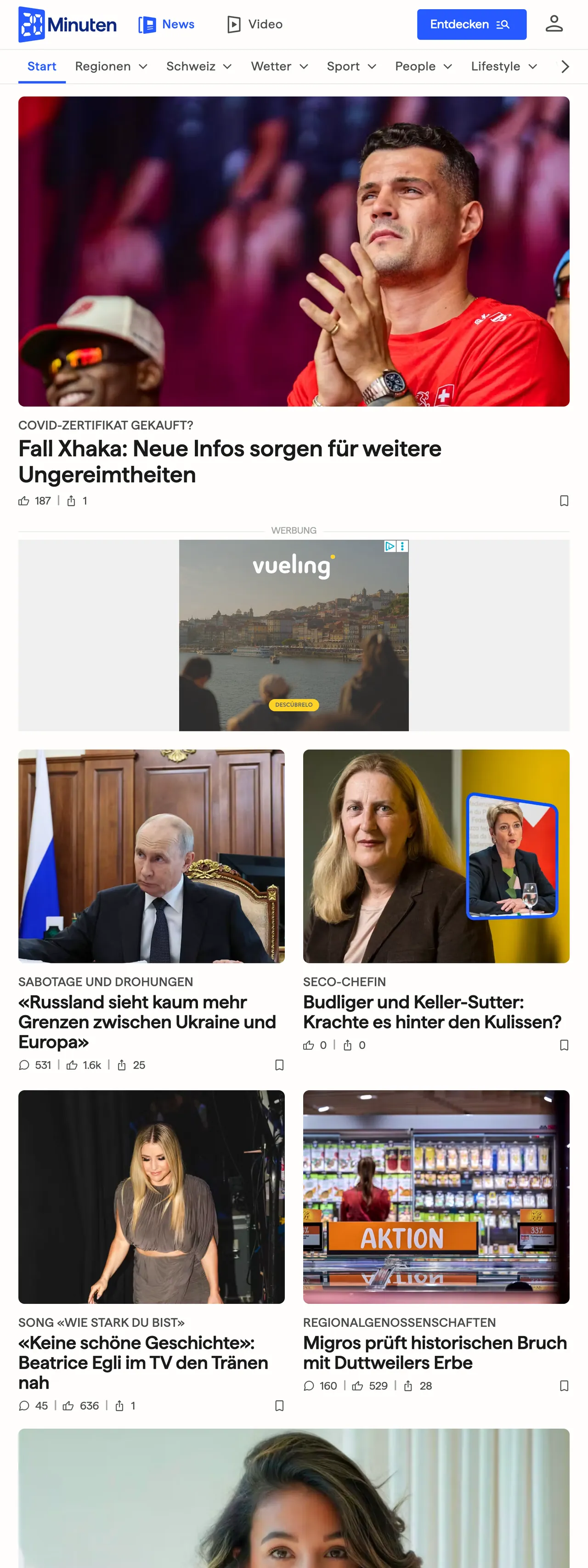 Screenshot of the 20 Minuten front page