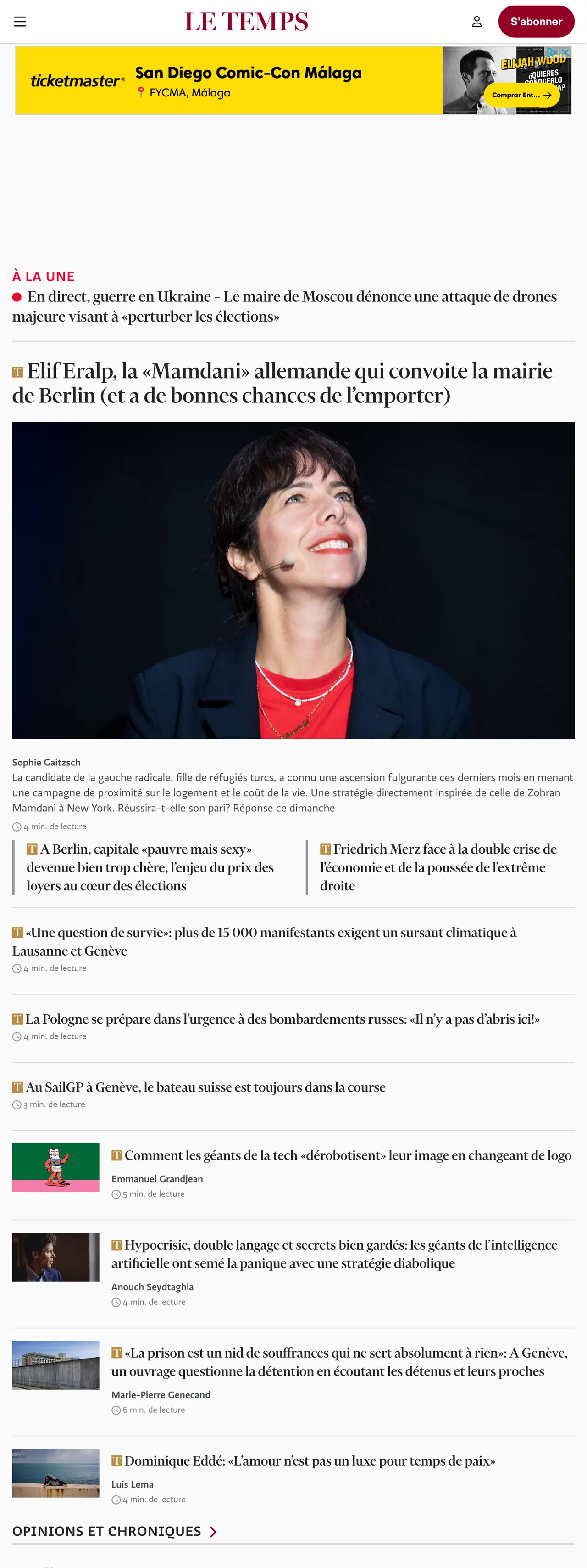 Screenshot of the Le Temps front page