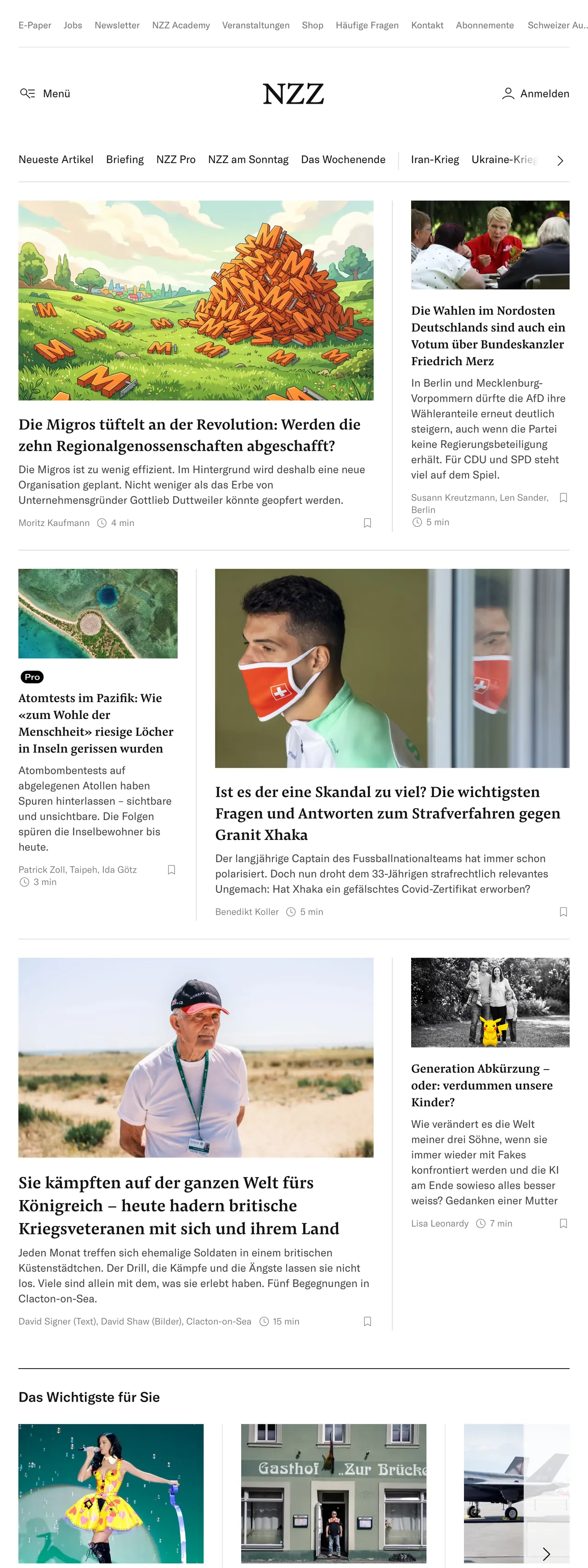 Screenshot of the Neue Zürcher Zeitung front page