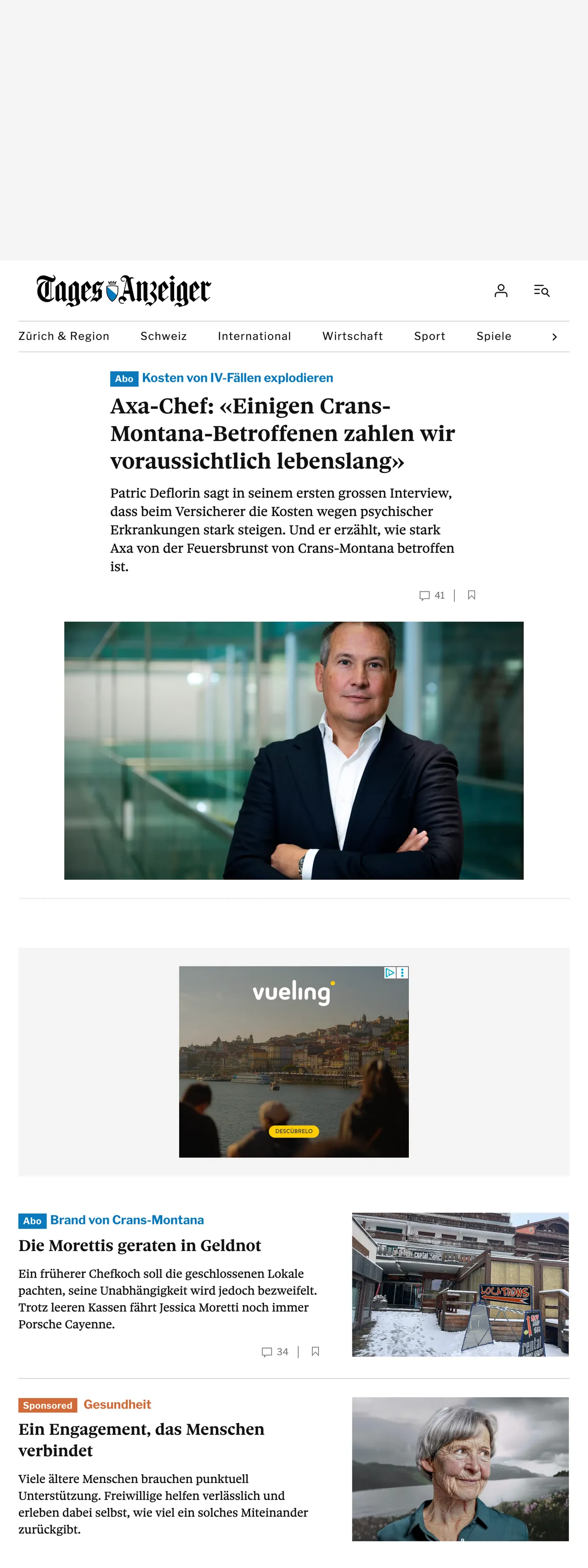 Screenshot of the Tages-Anzeiger front page
