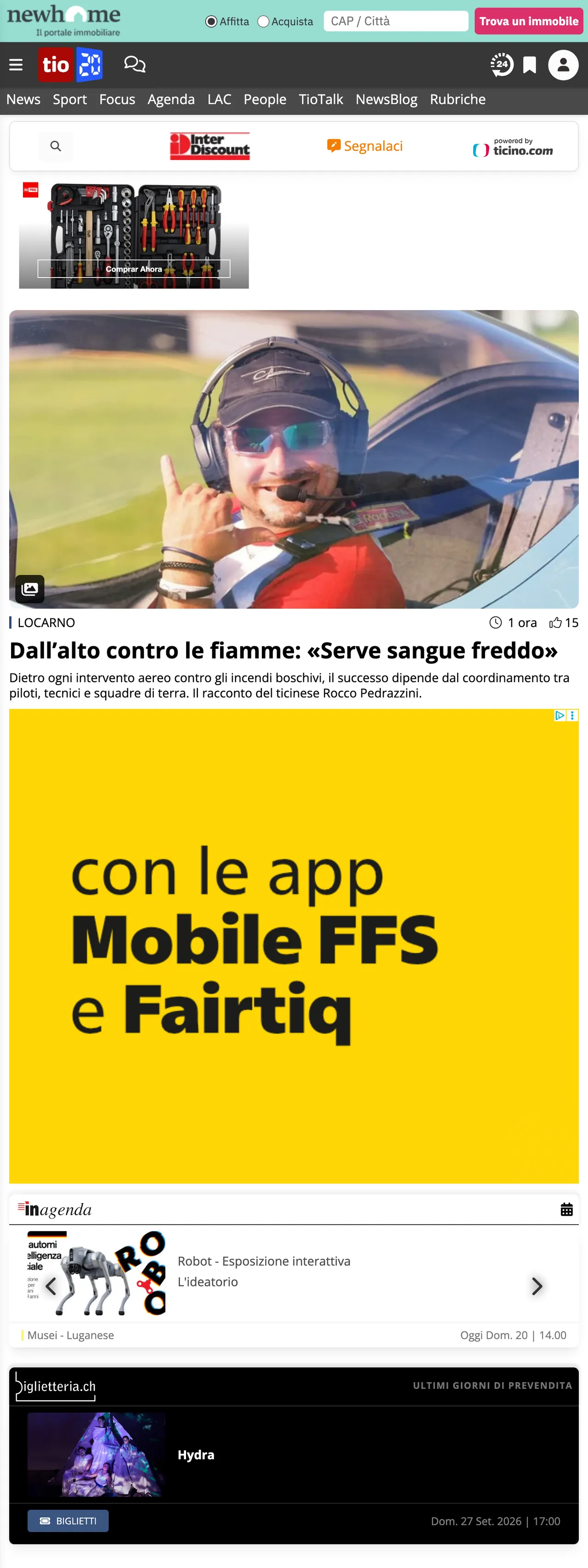Screenshot of the Ticinonline front page