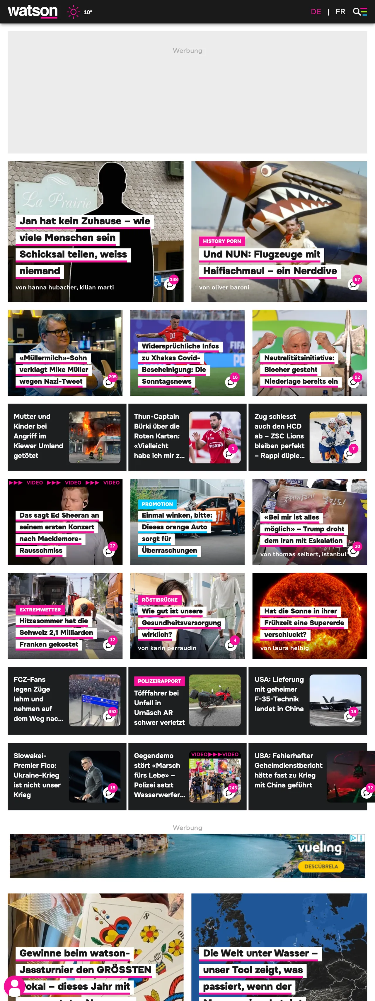 Screenshot of the watson front page