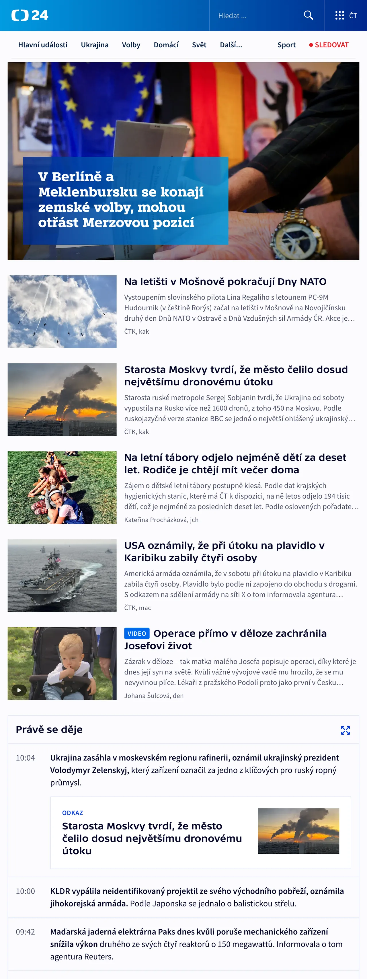 Screenshot of the ČT24 front page