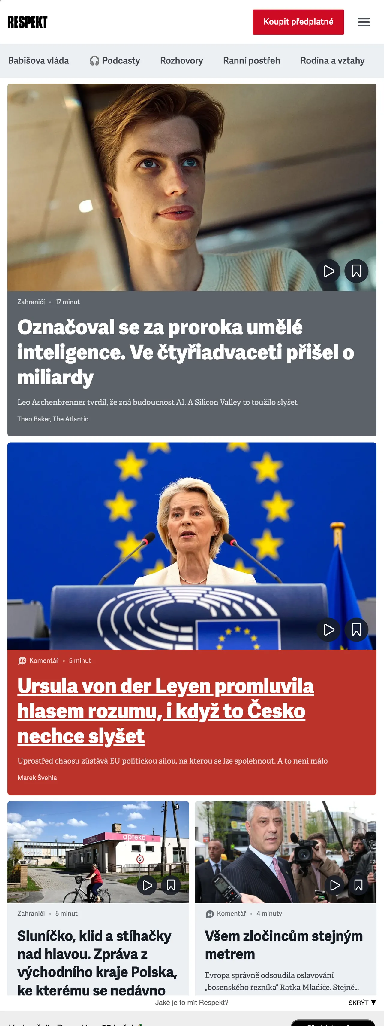 Screenshot of the Respekt front page