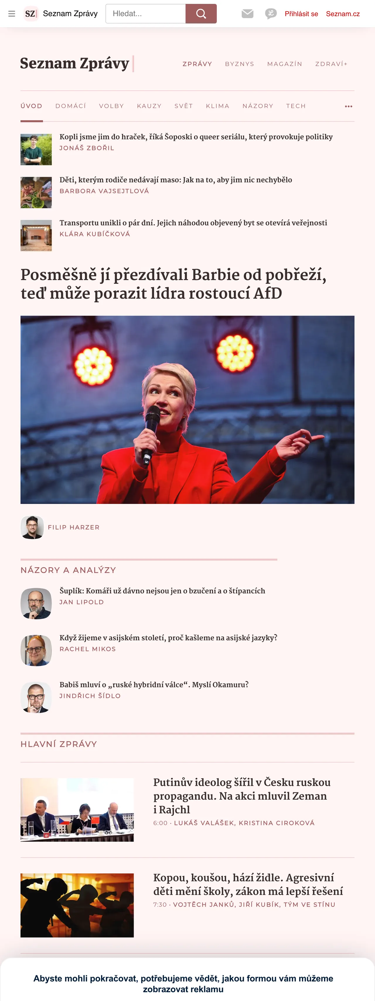 Screenshot of the Seznam Zprávy front page