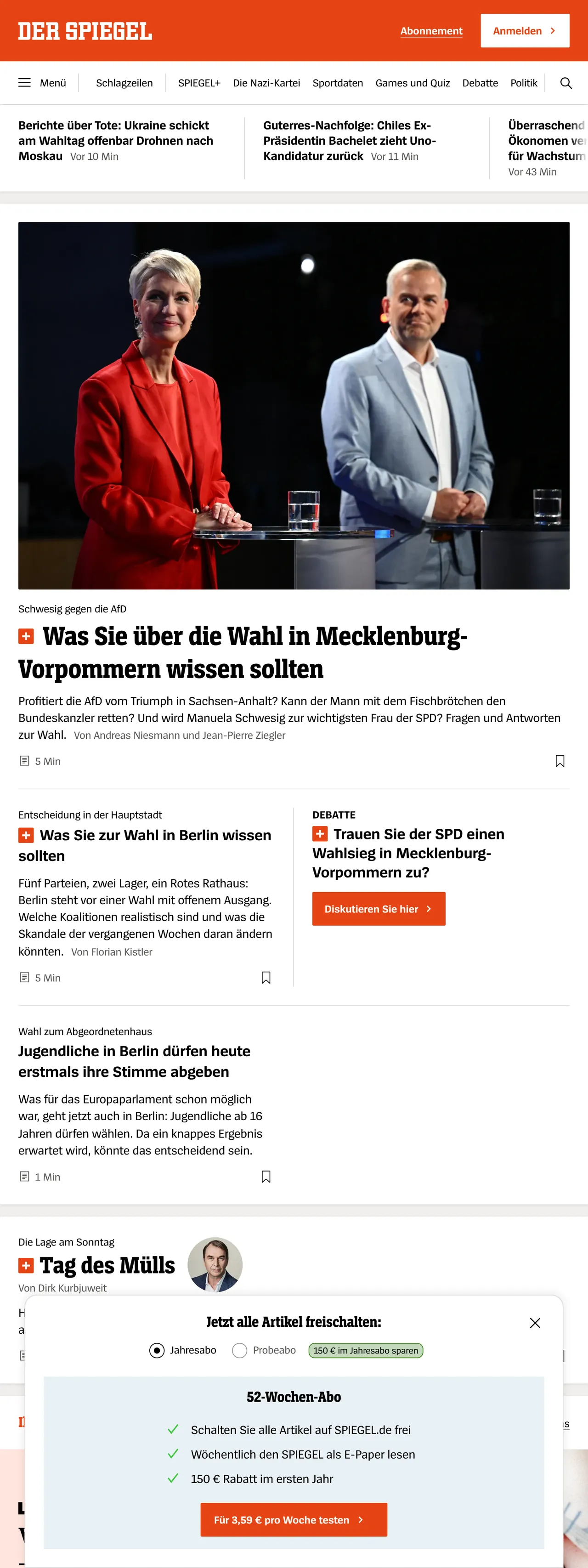 Screenshot of the DER SPIEGEL front page