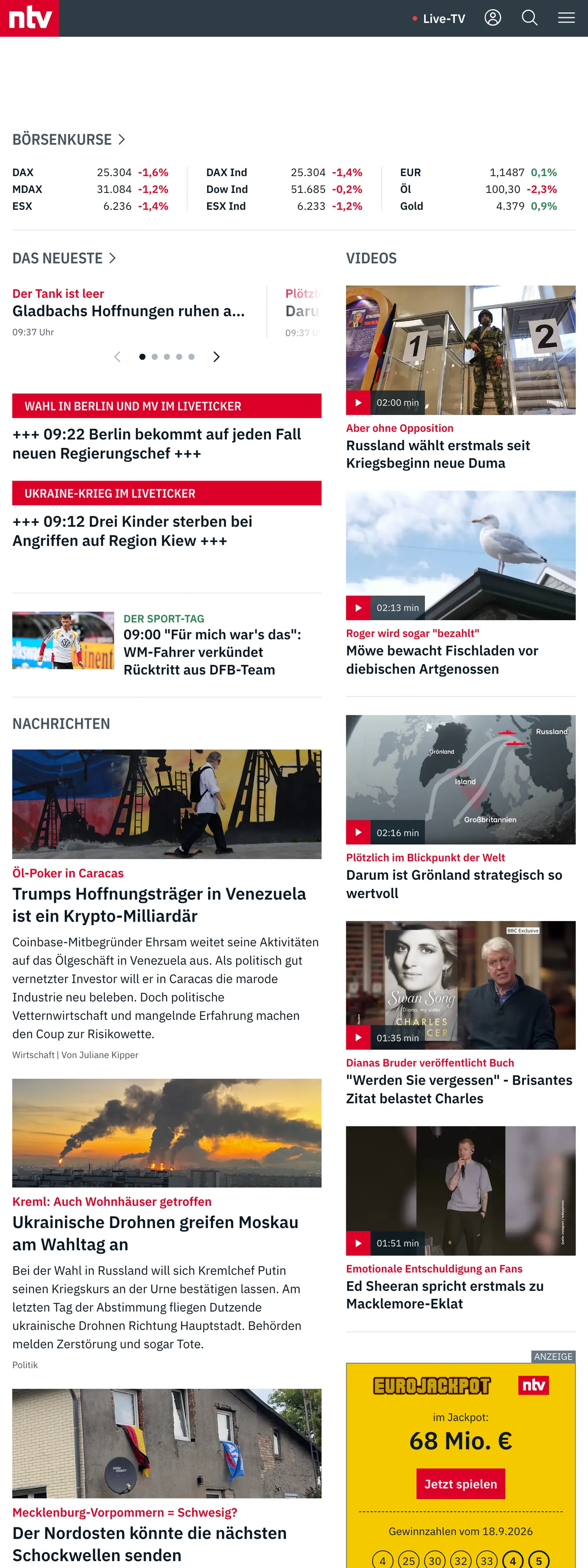 Screenshot of the n-tv front page