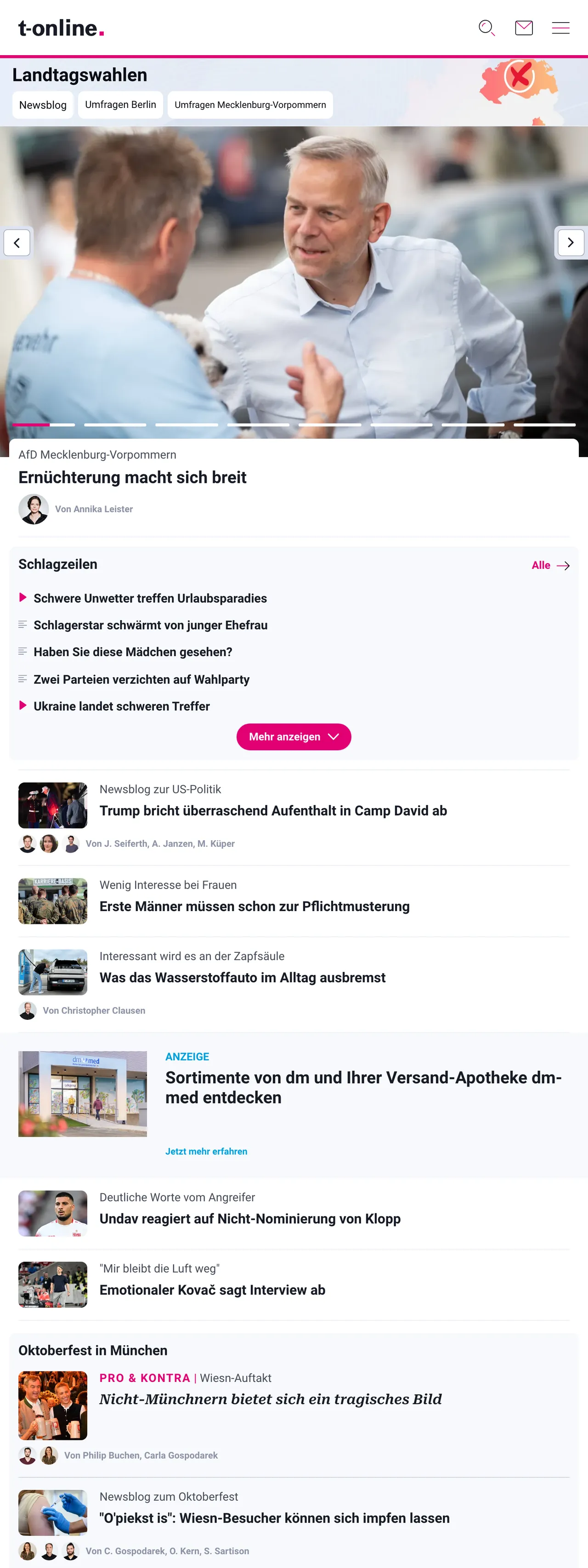 Screenshot of the t-online front page