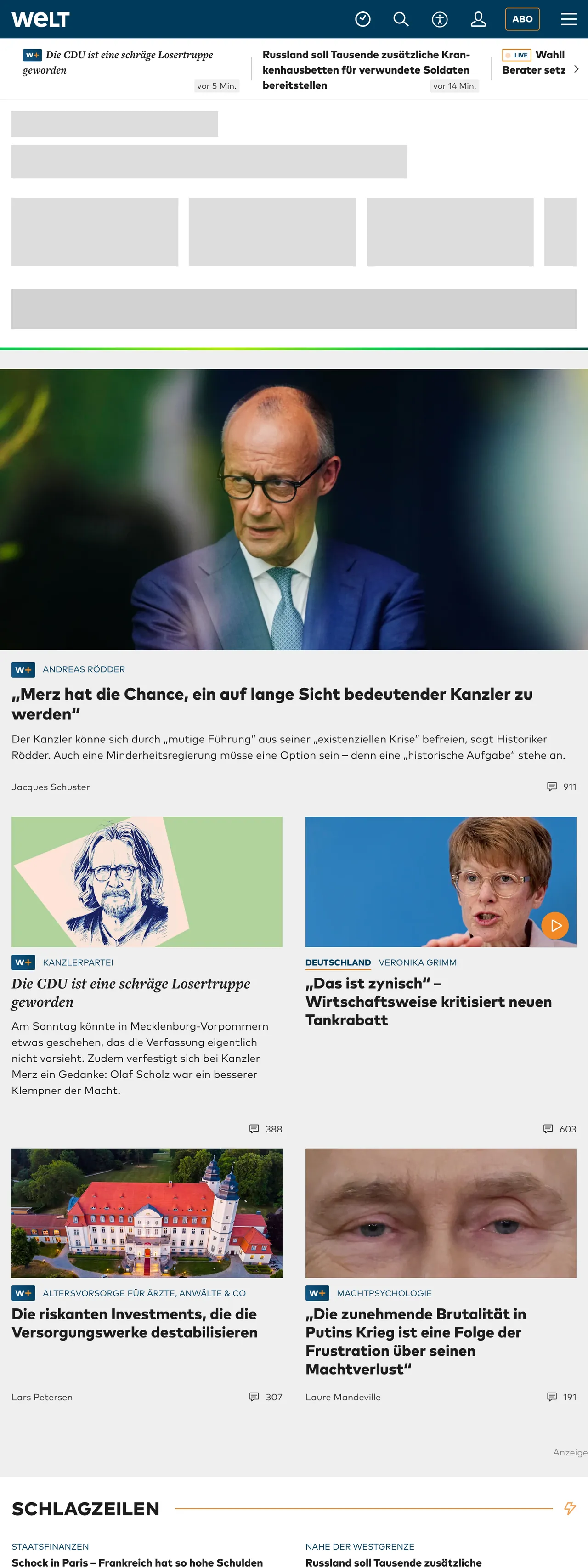 Screenshot of the WELT front page