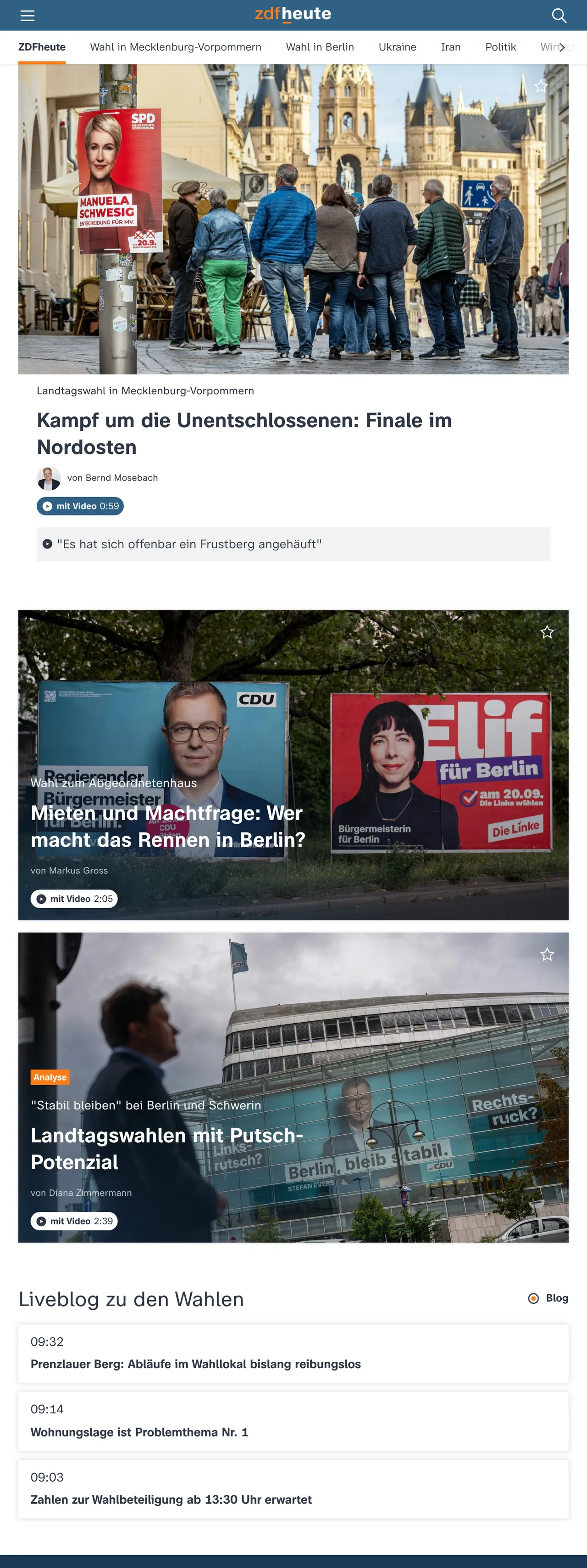 Screenshot of the ZDFheute front page