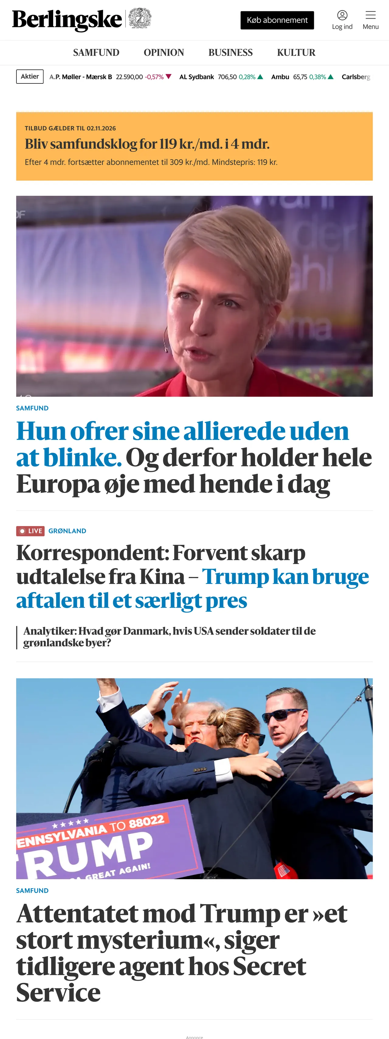 Screenshot of the Berlingske front page