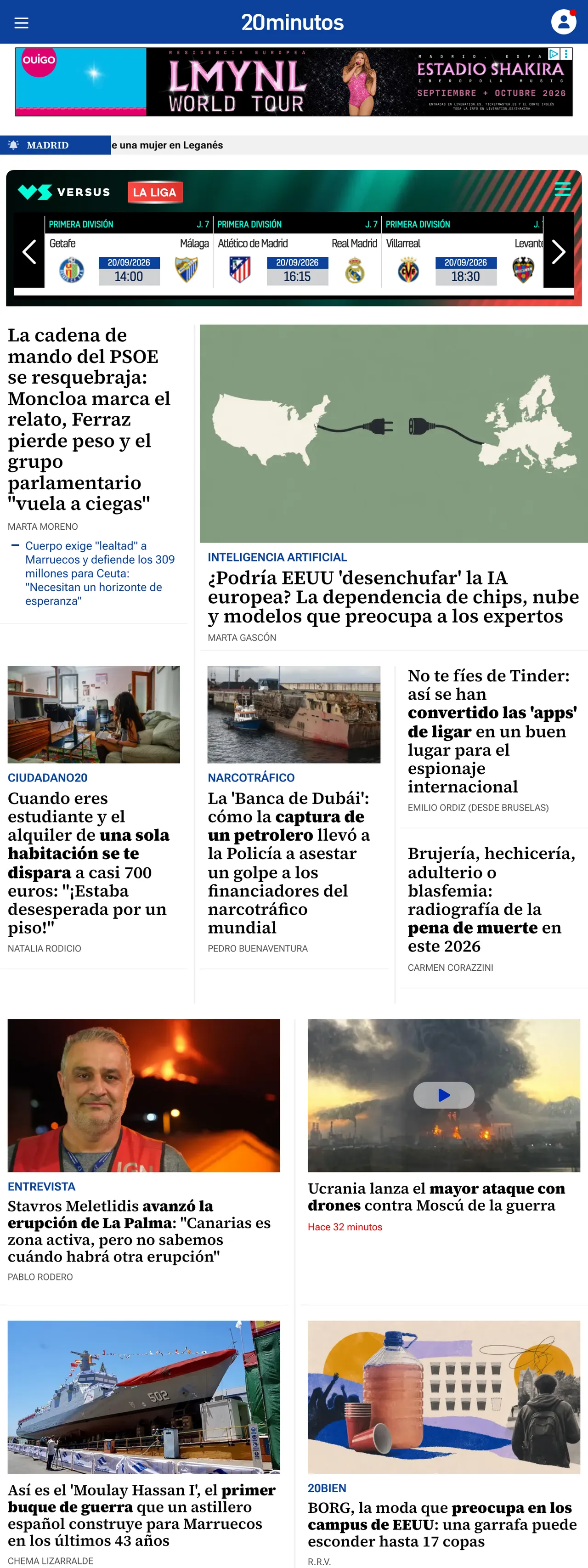 Screenshot of the 20minutos front page