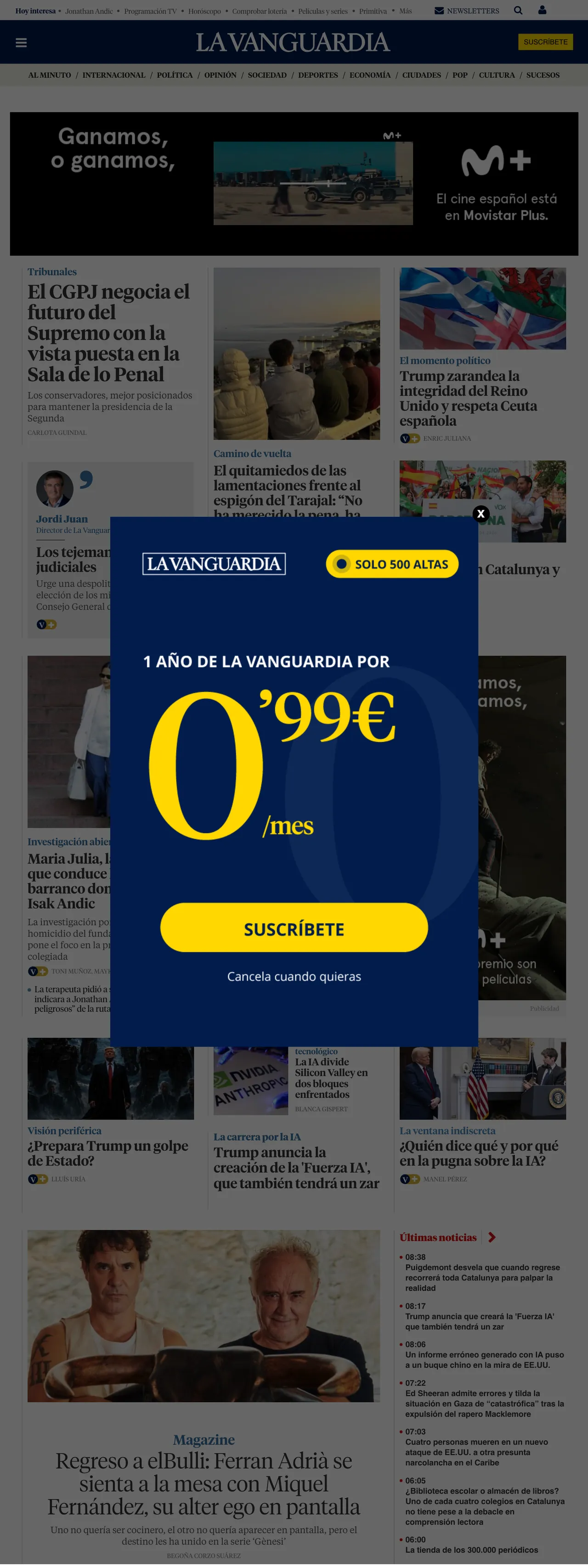 Screenshot of the La Vanguardia front page