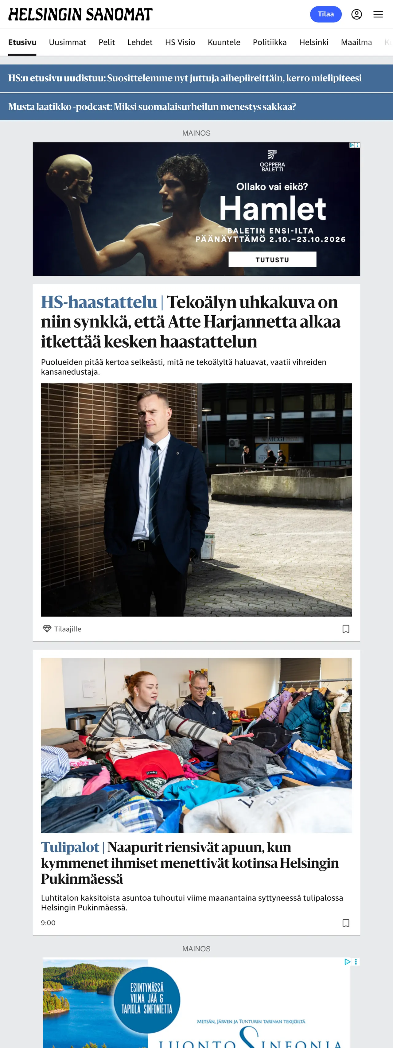Screenshot of the Helsingin Sanomat front page