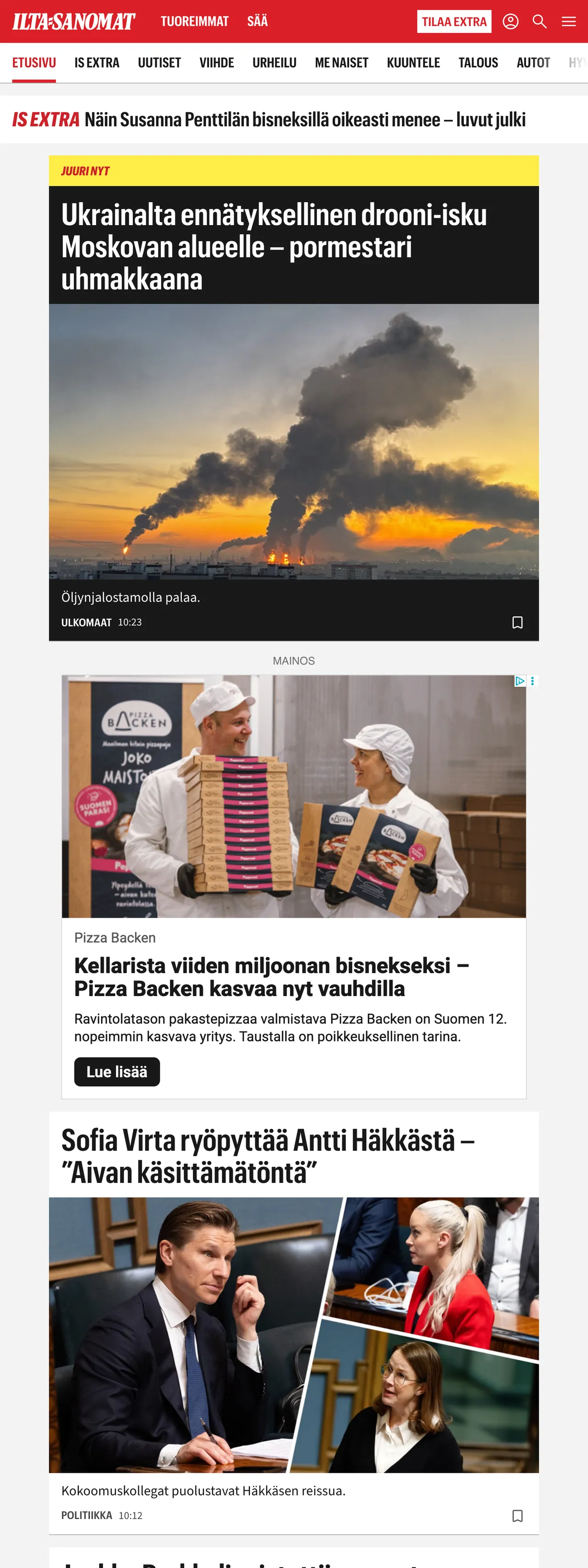 Screenshot of the Ilta-Sanomat front page
