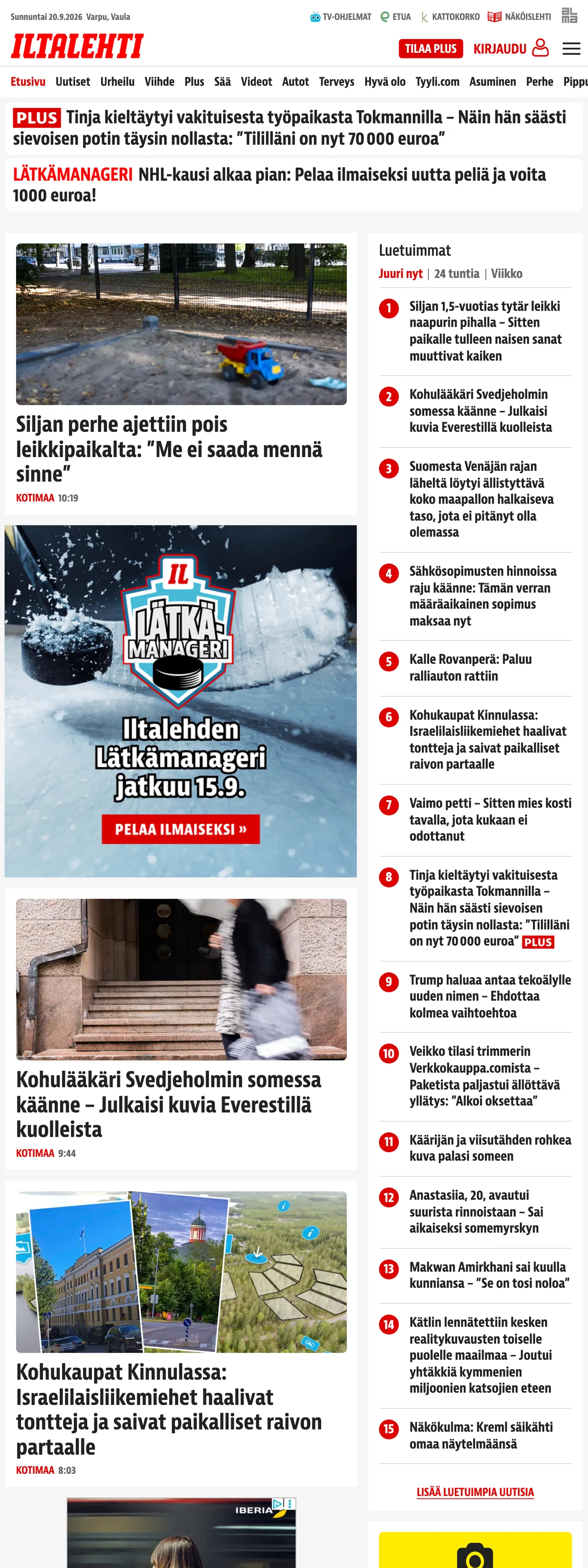 Screenshot of the Iltalehti front page