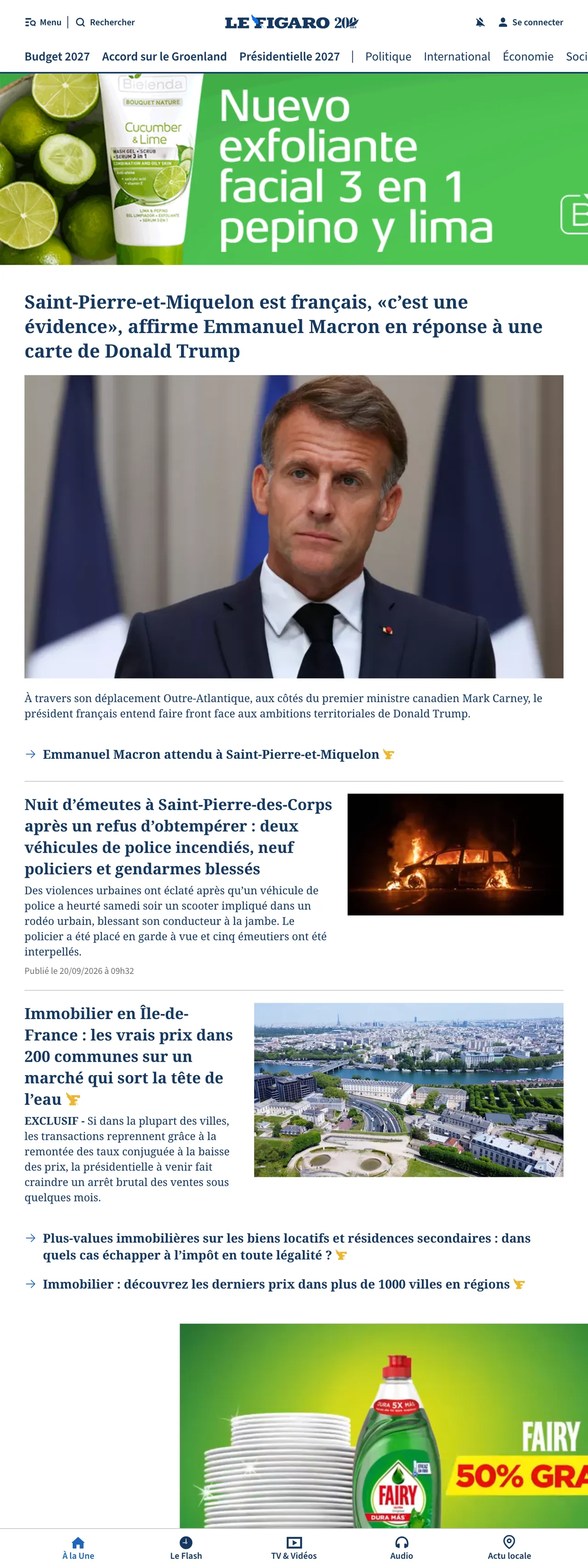Screenshot of the Le Figaro front page