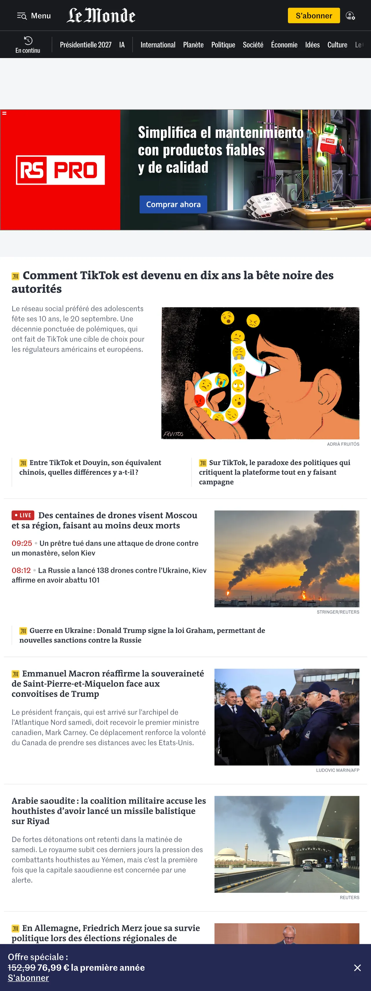 Screenshot of the Le Monde front page