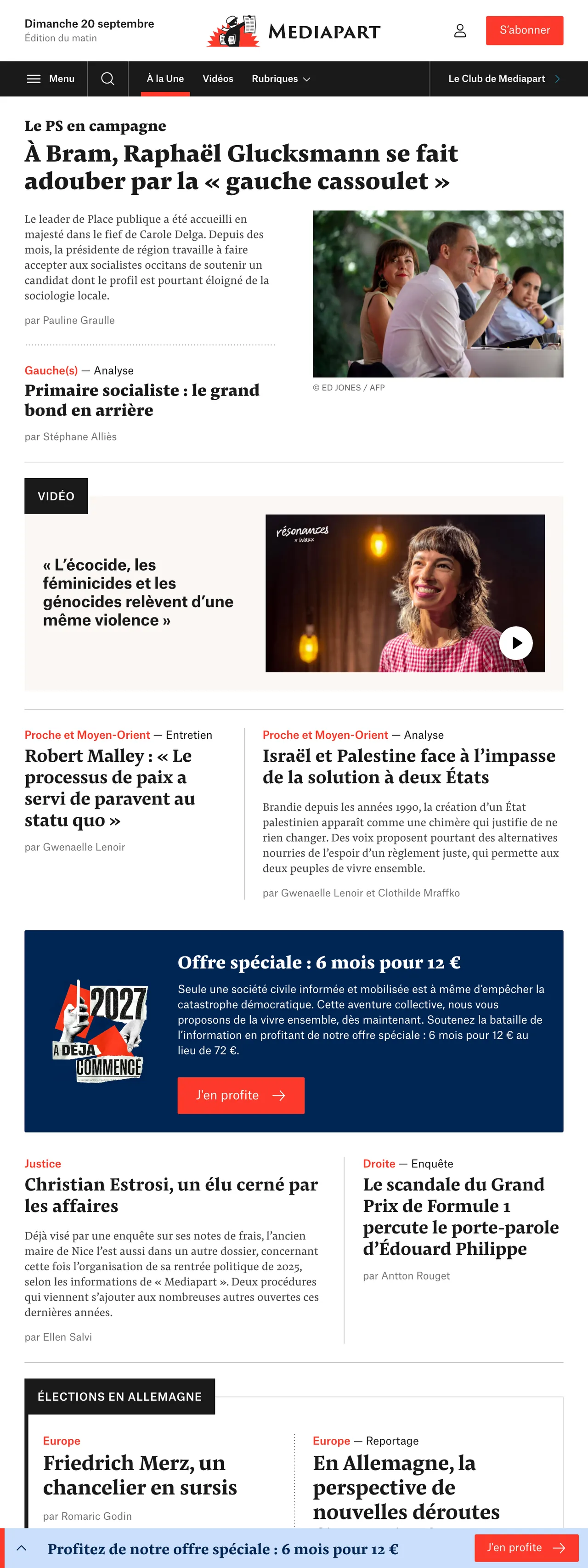 Screenshot of the Mediapart front page