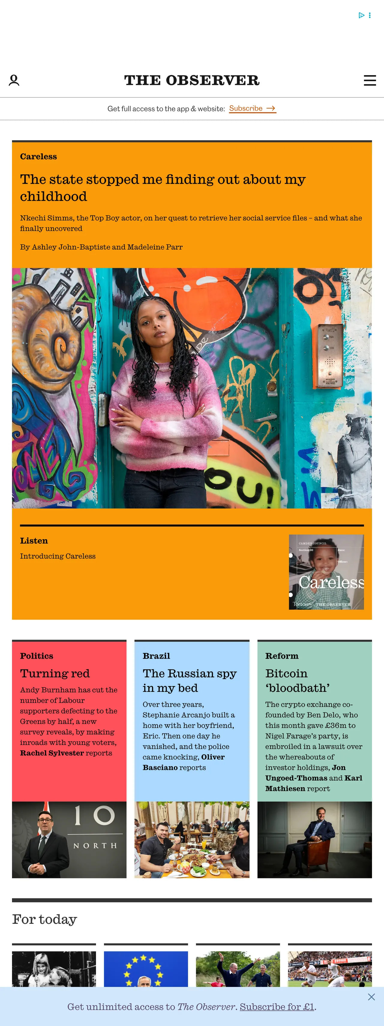 Screenshot of the The Observer front page