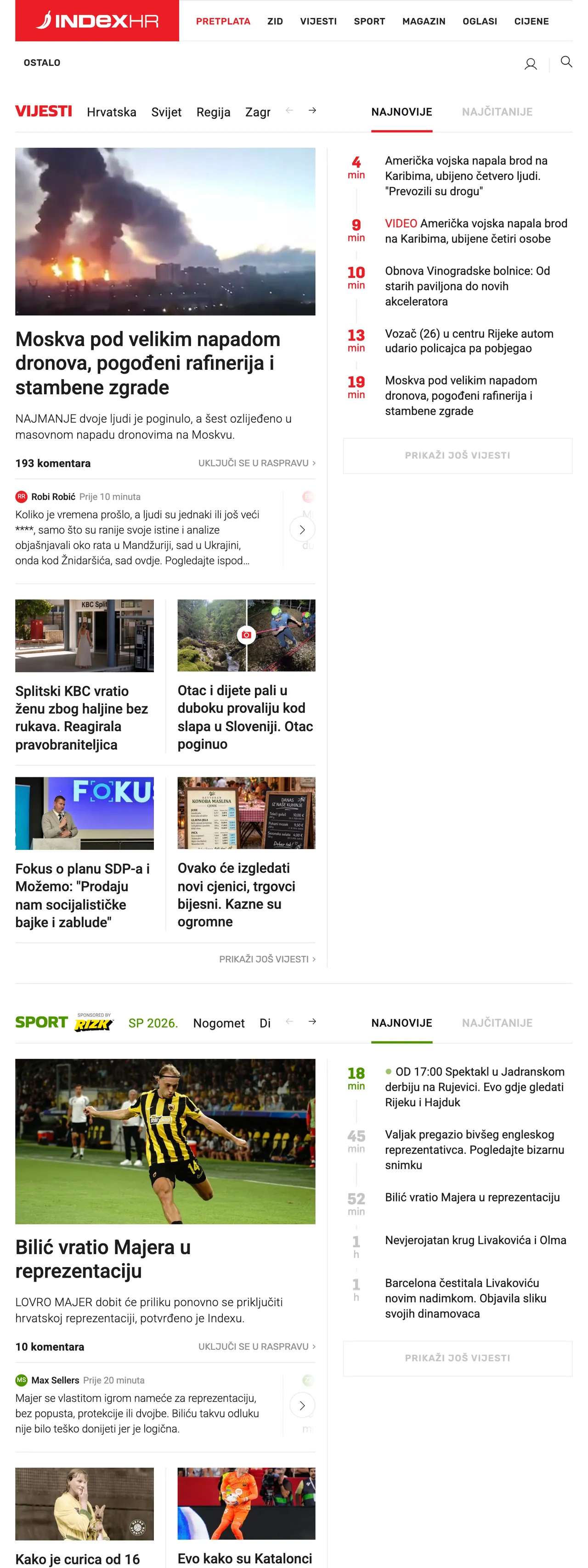 Screenshot of the Index.hr front page