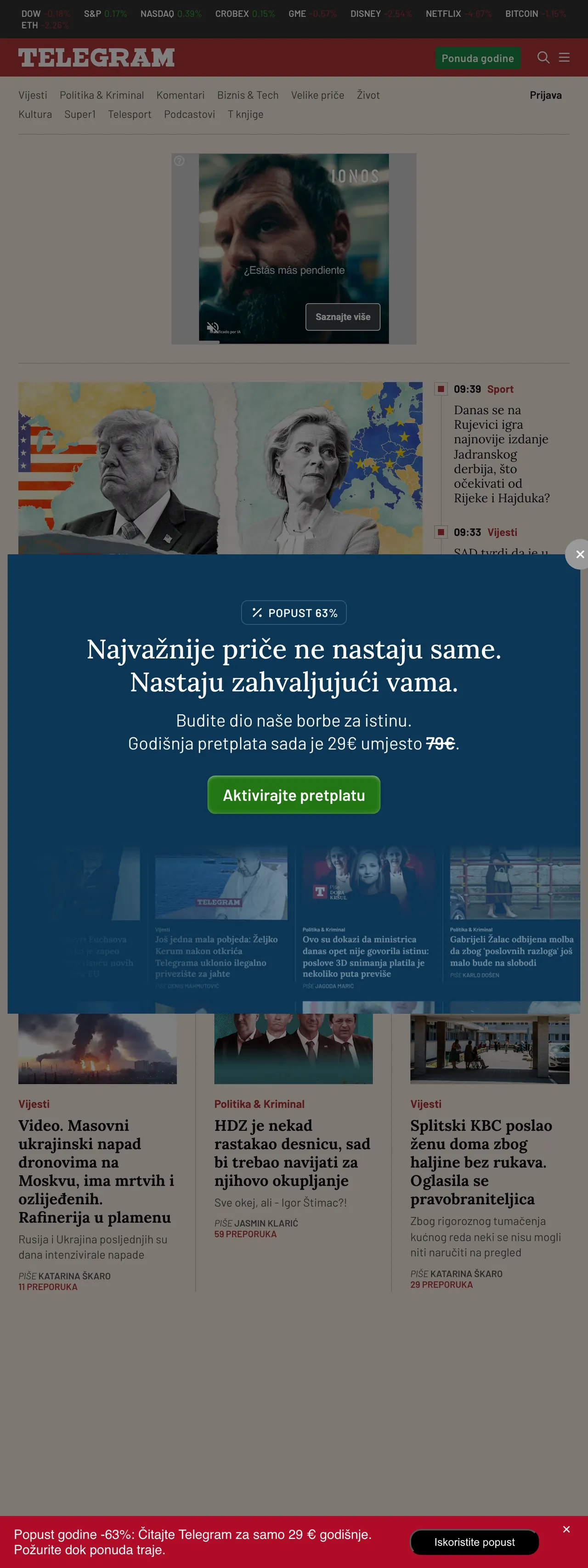 Screenshot of the Telegram.hr front page