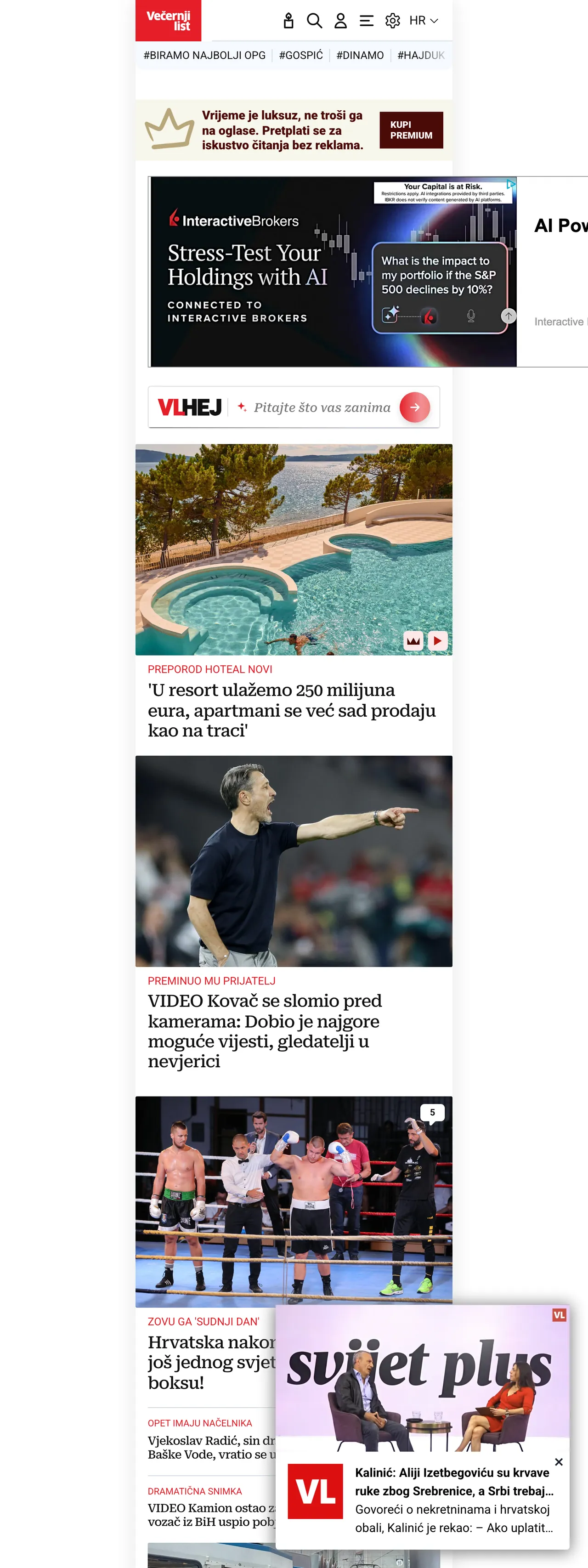 Screenshot of the Večernji list front page