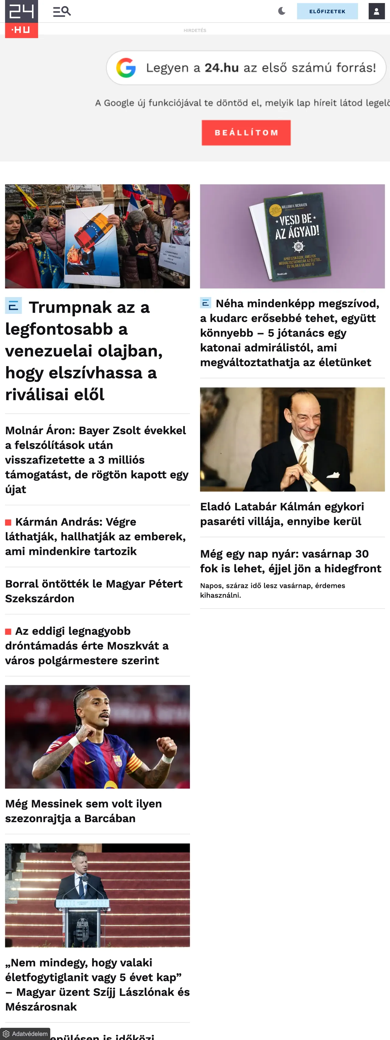 Screenshot of the 24.hu front page