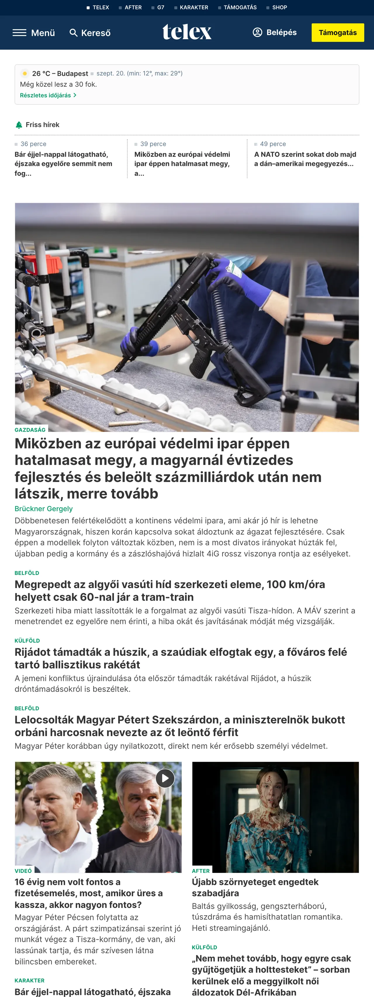 Screenshot of the Telex front page