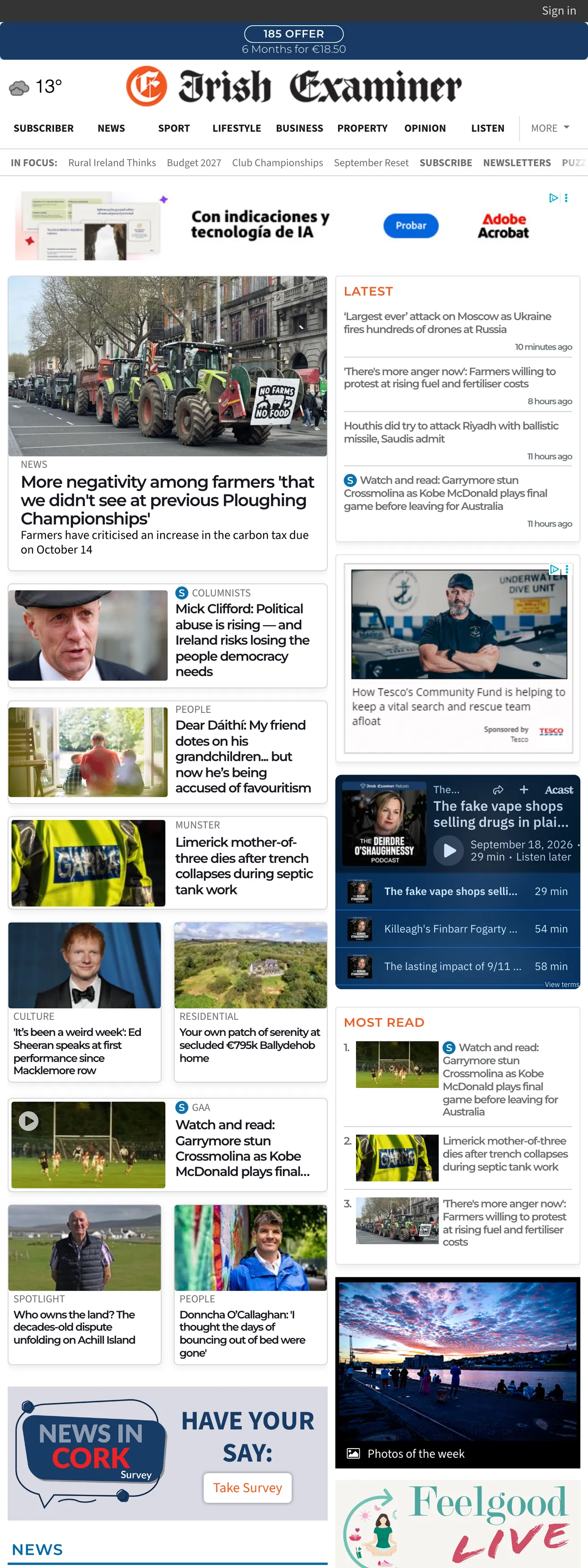 Screenshot of the Irish Examiner front page