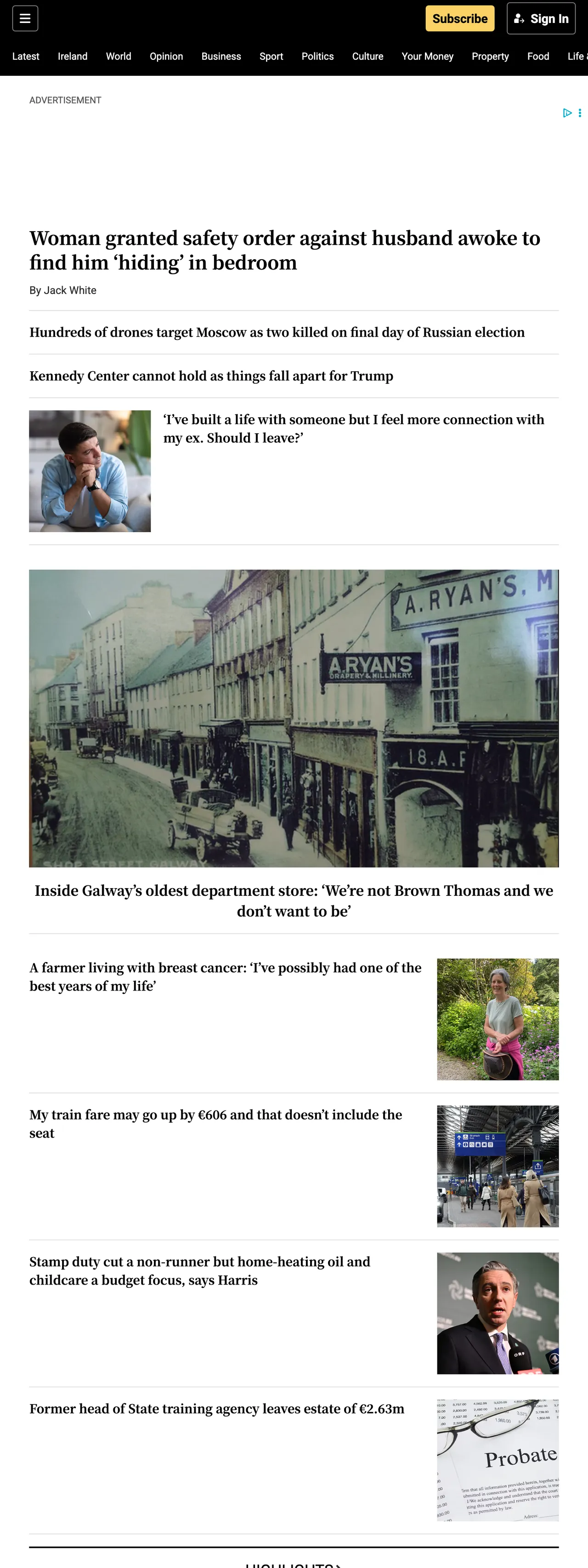 Screenshot of the The Irish Times front page