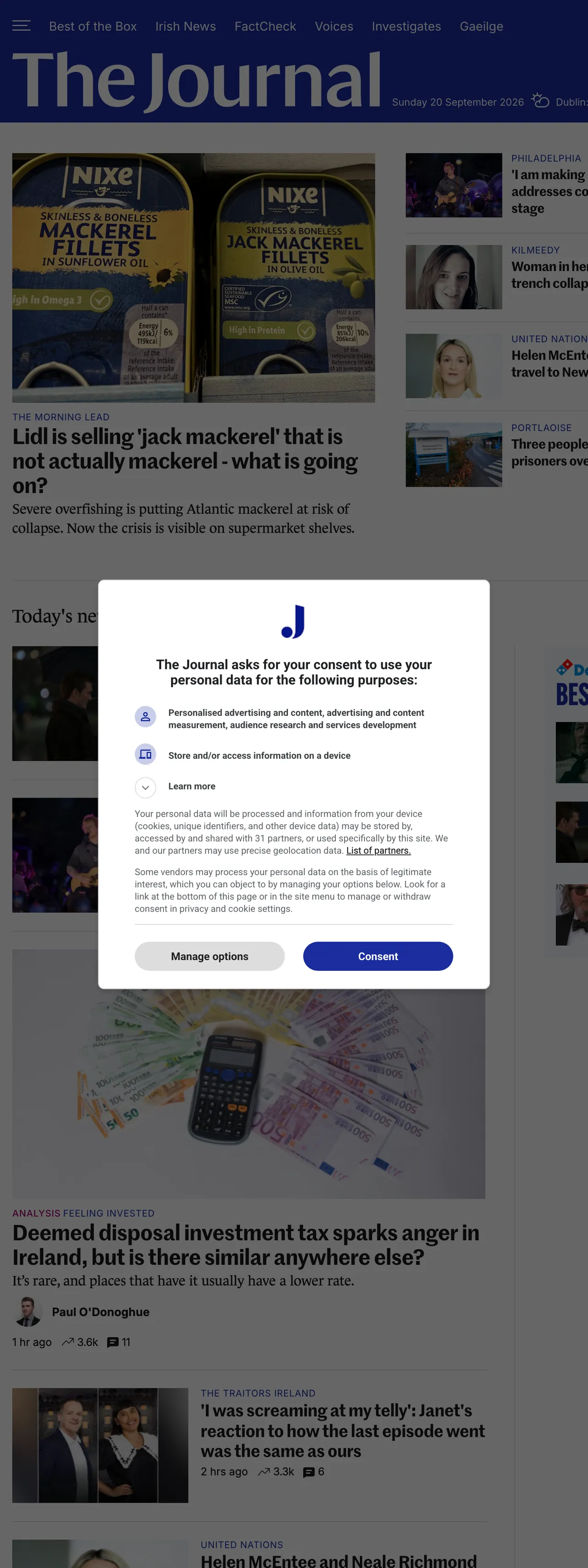 Screenshot of the TheJournal.ie front page
