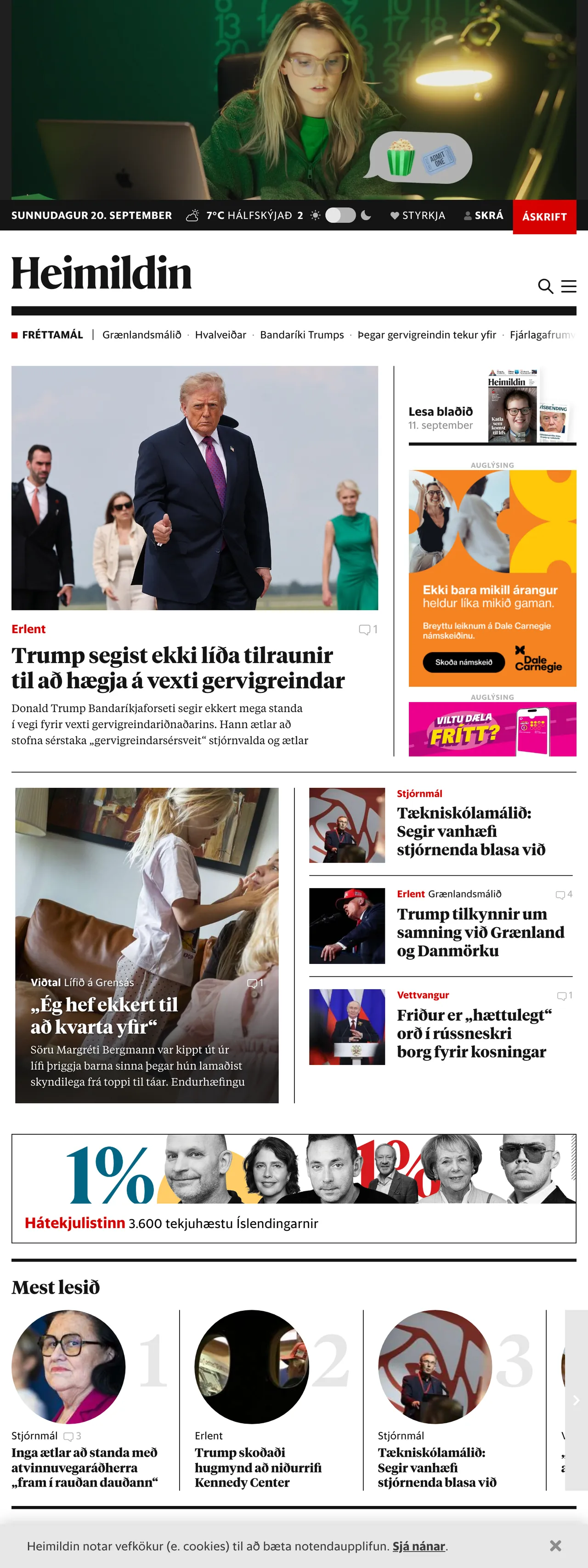 Screenshot of the Heimildin front page
