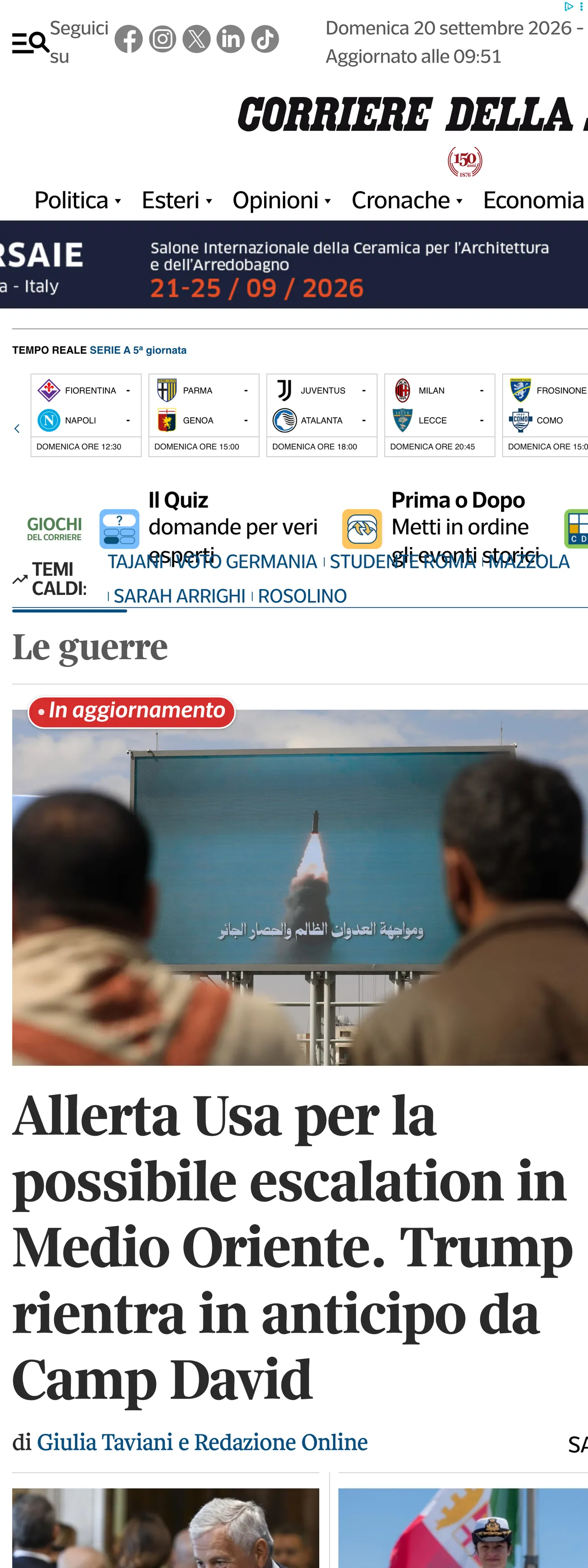 Screenshot of the Corriere della Sera front page