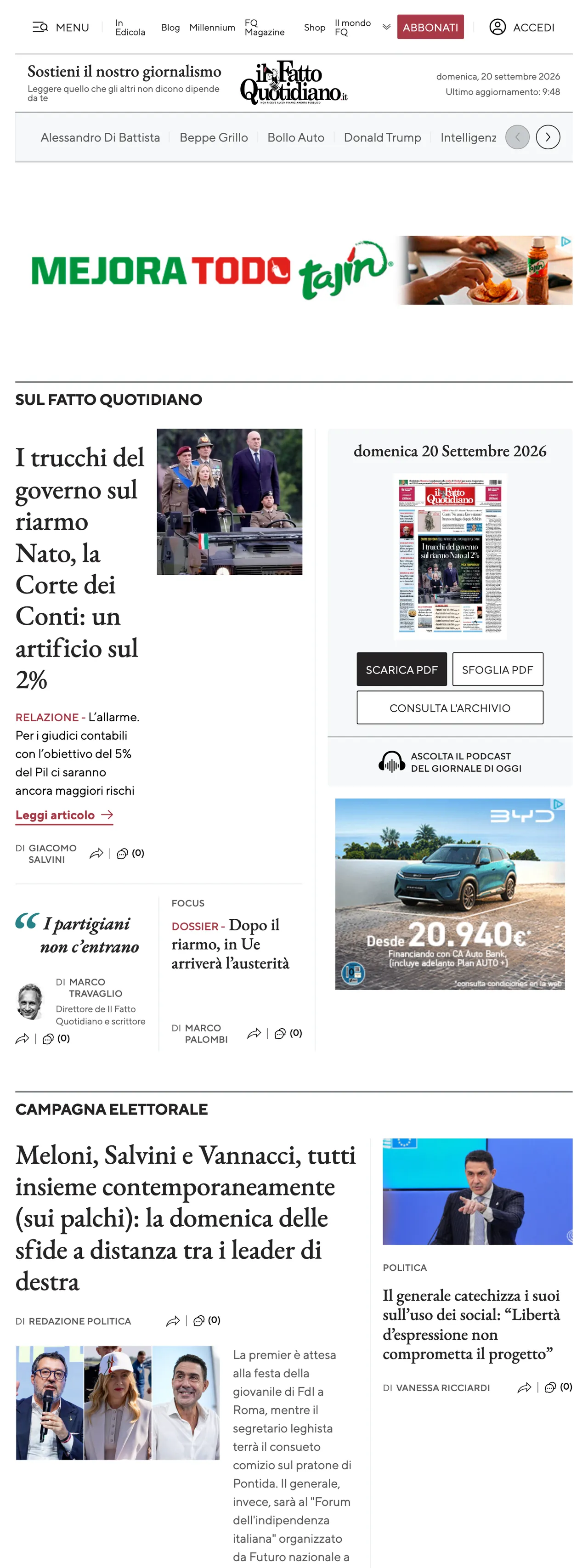 Screenshot of the Il Fatto Quotidiano front page
