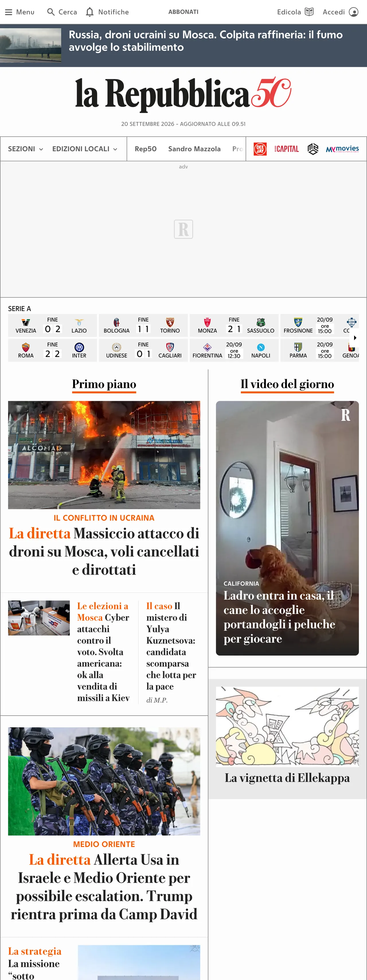 Screenshot of the la Repubblica front page