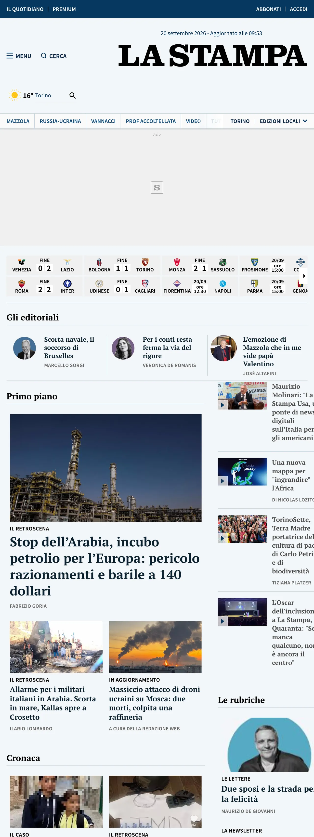 Screenshot of the La Stampa front page
