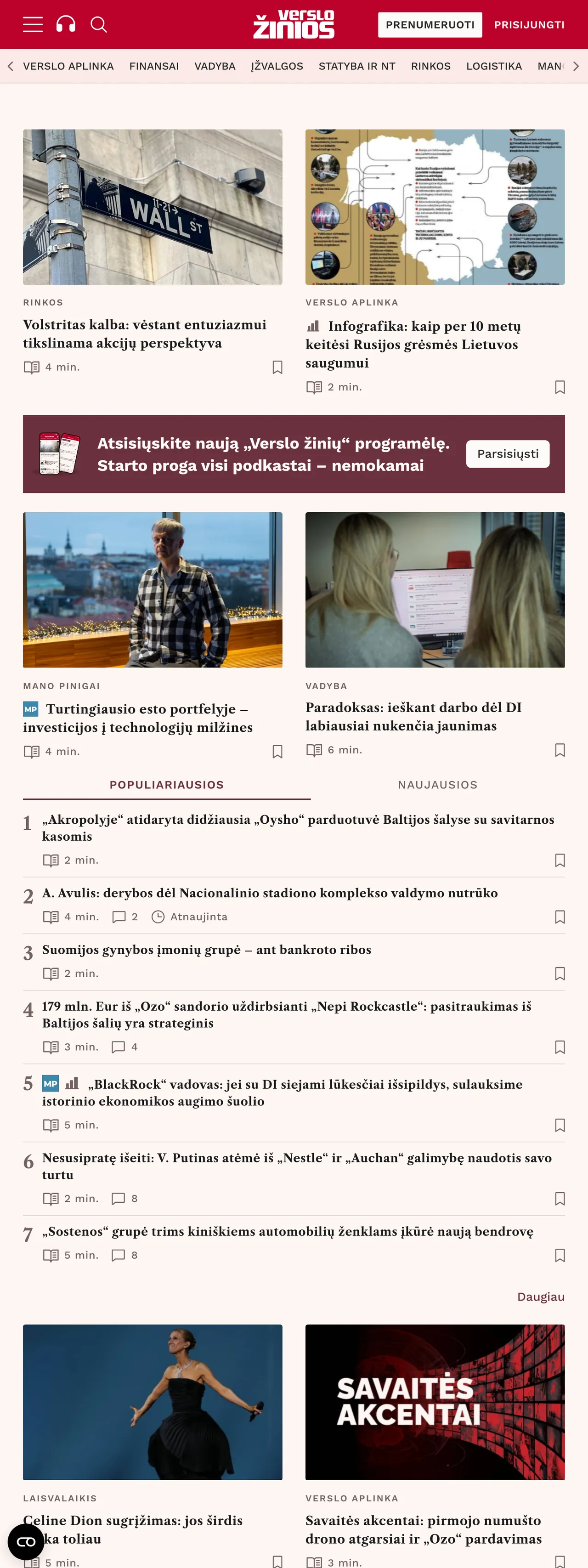 Screenshot of the Verslo žinios front page