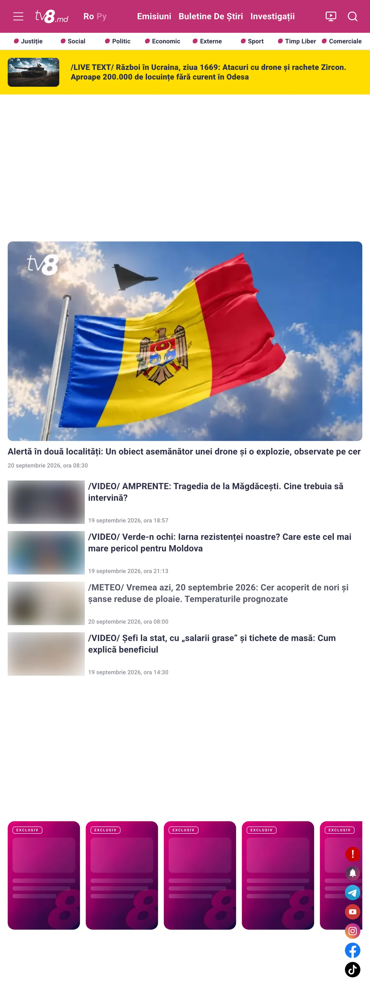 Screenshot of the TV8 front page