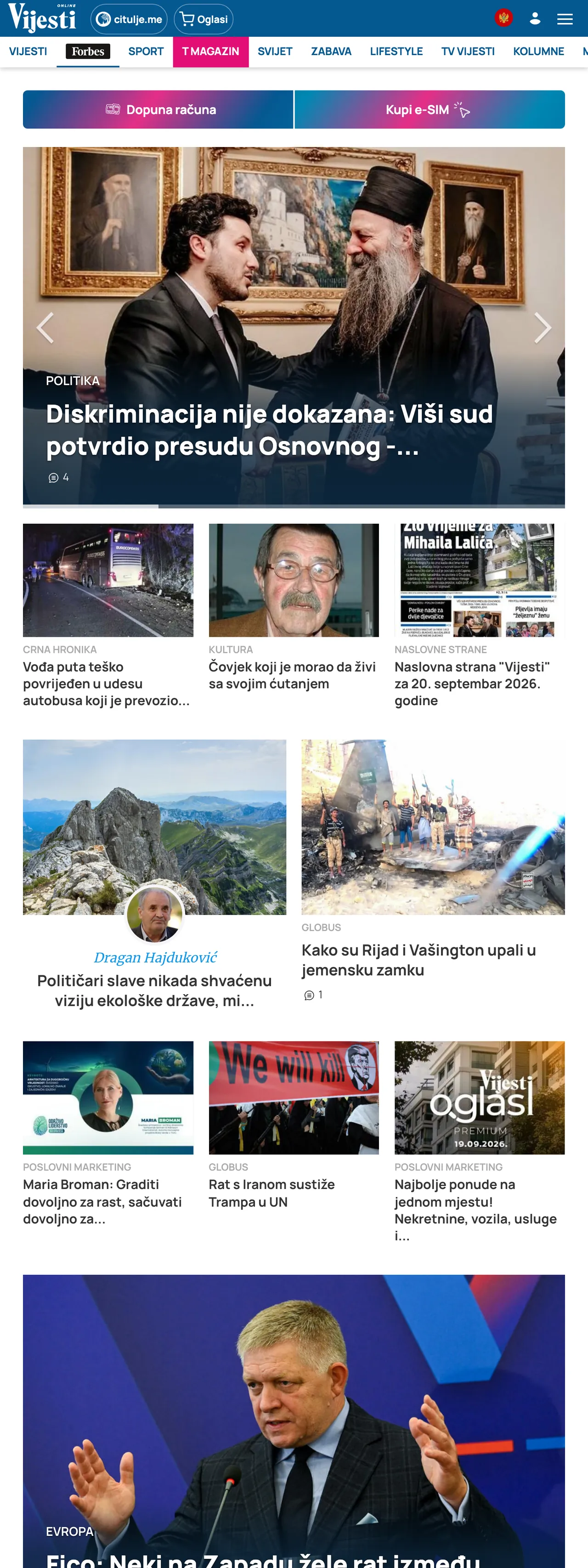 Screenshot of the Vijesti front page
