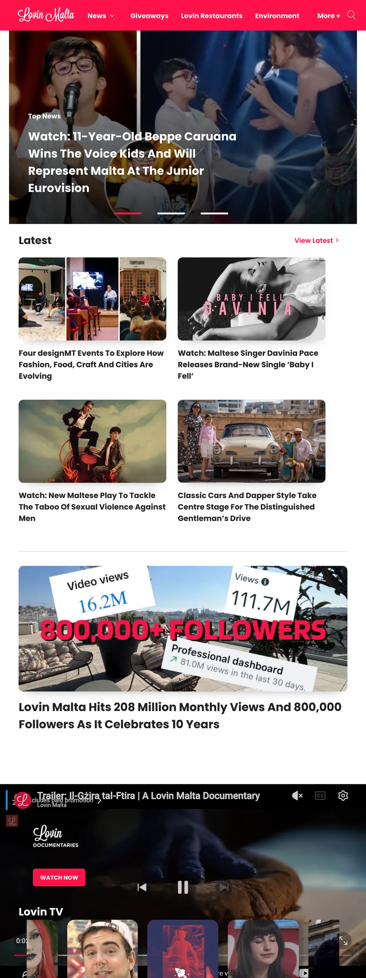 Screenshot of the Lovin Malta front page