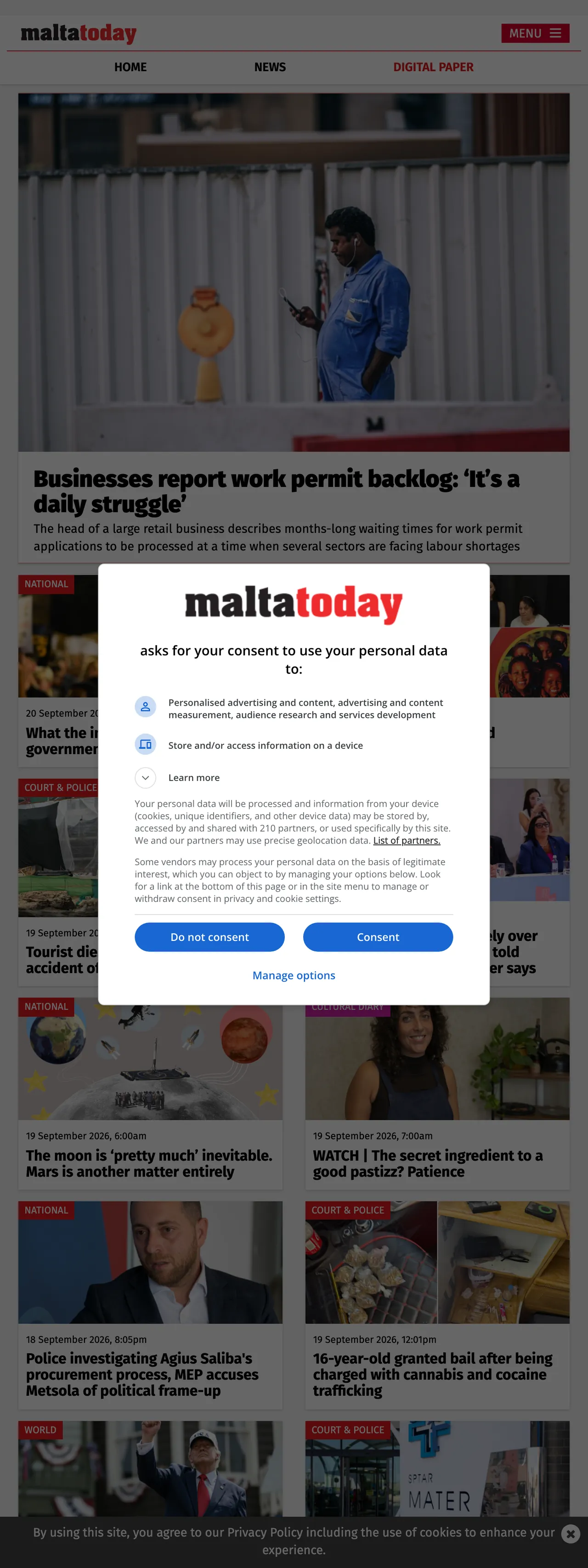 Screenshot of the Malta Today front page