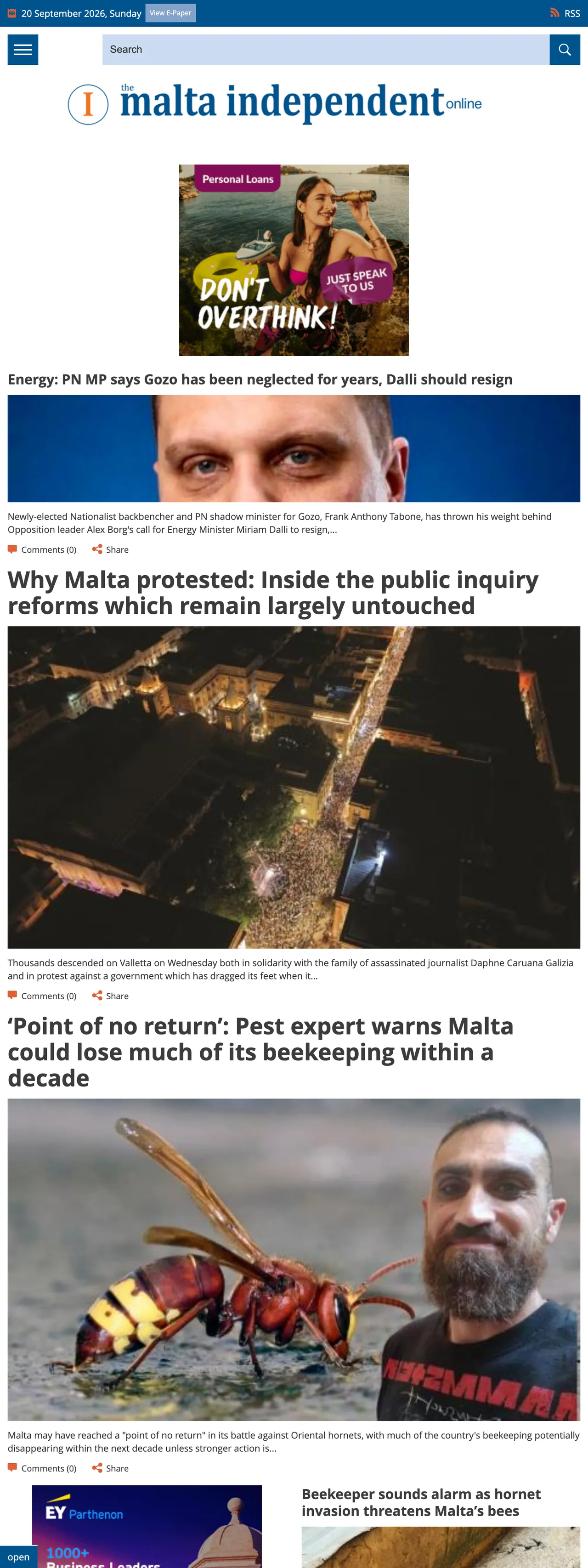 Screenshot of the The Malta Independent front page