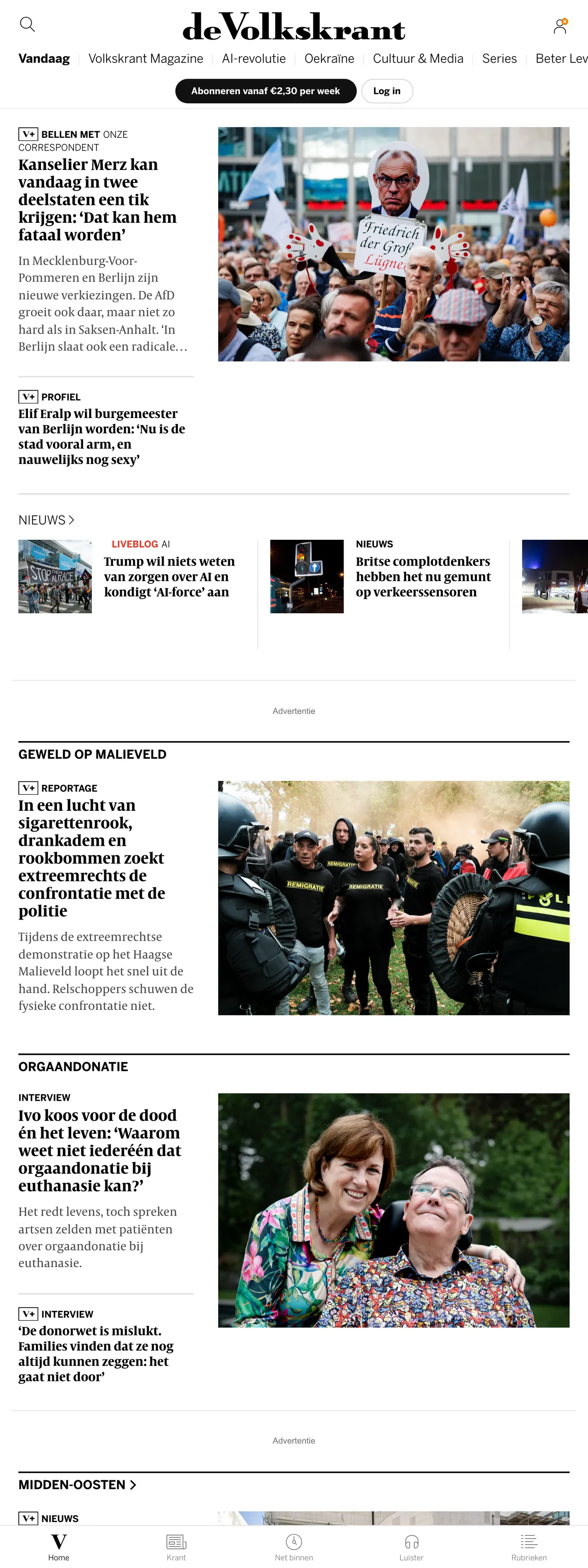 Screenshot of the de Volkskrant front page