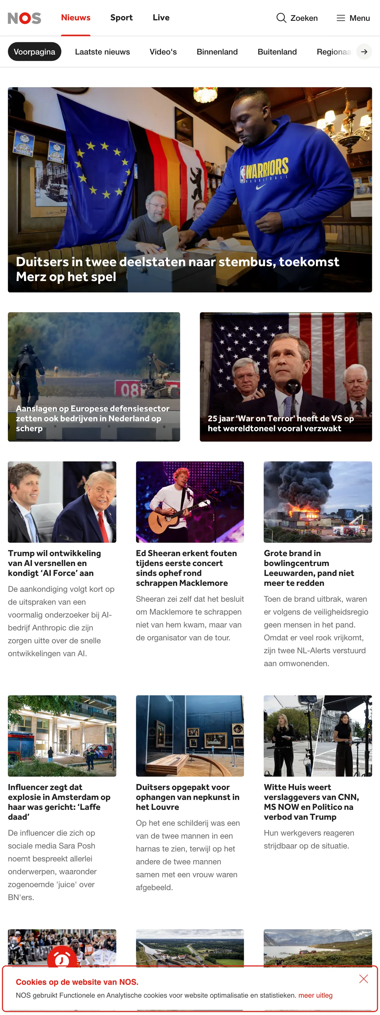 Screenshot of the NOS front page