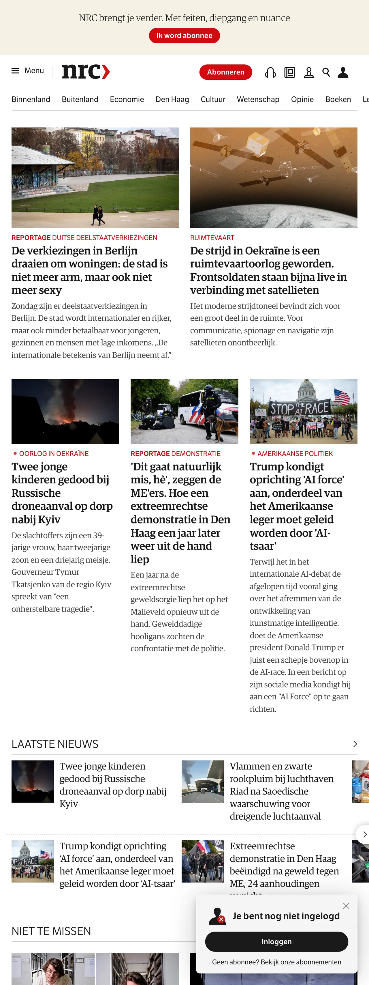 Screenshot of the NRC front page