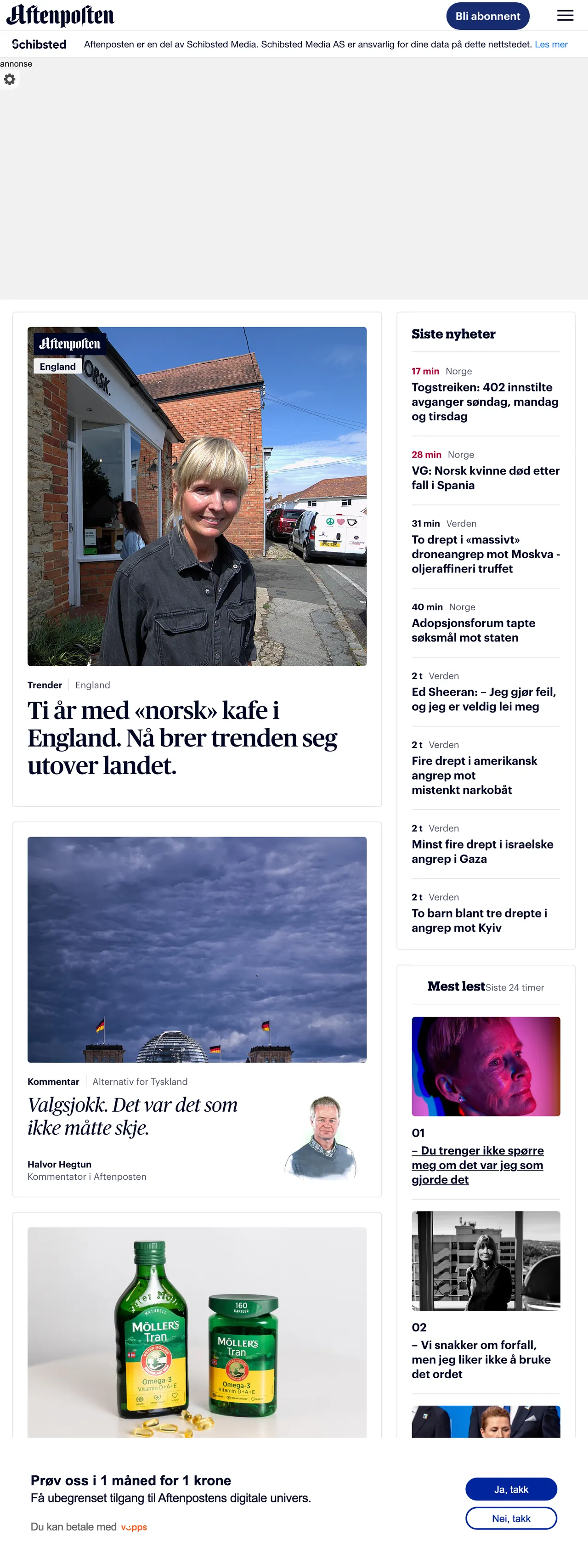 Screenshot of the Aftenposten front page