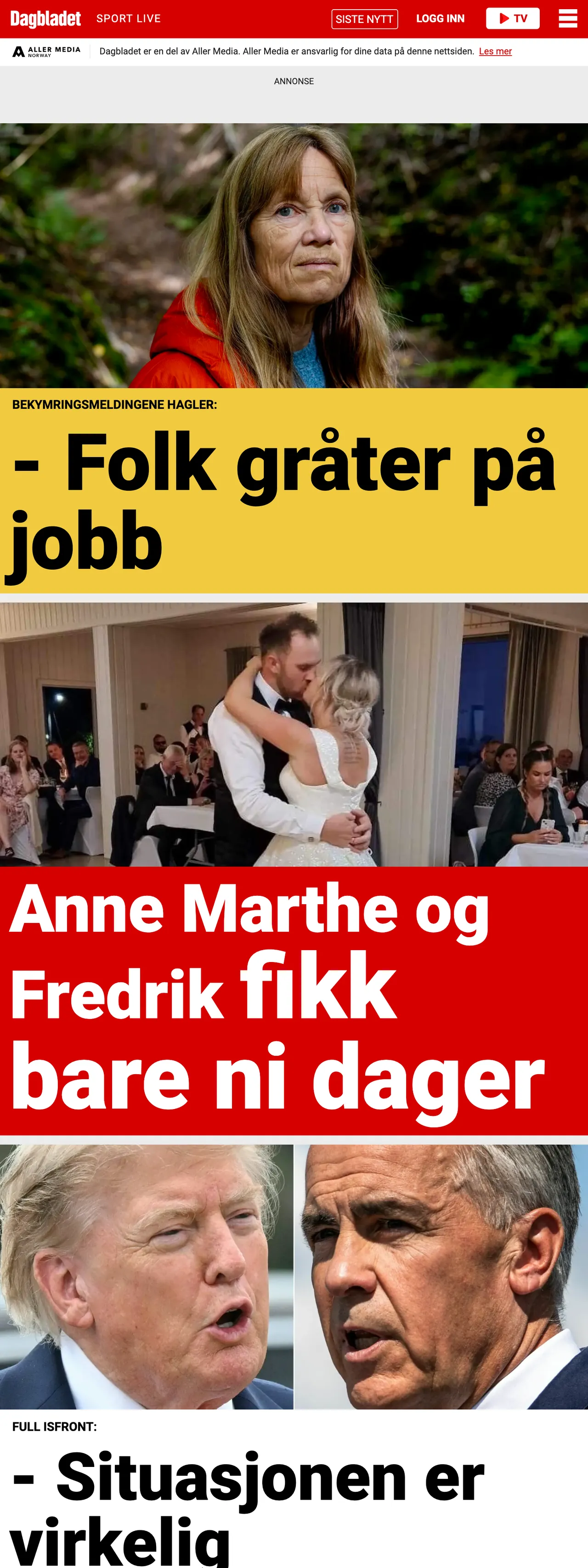 Screenshot of the Dagbladet front page