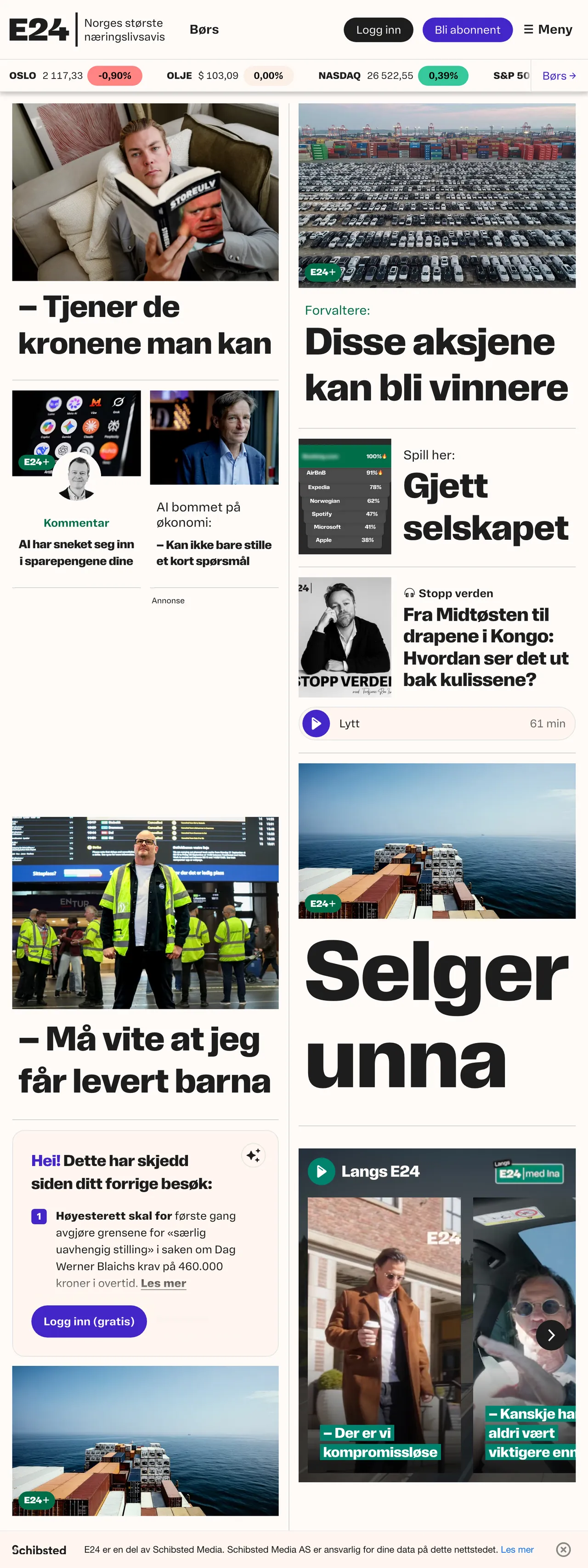 Screenshot of the E24 front page